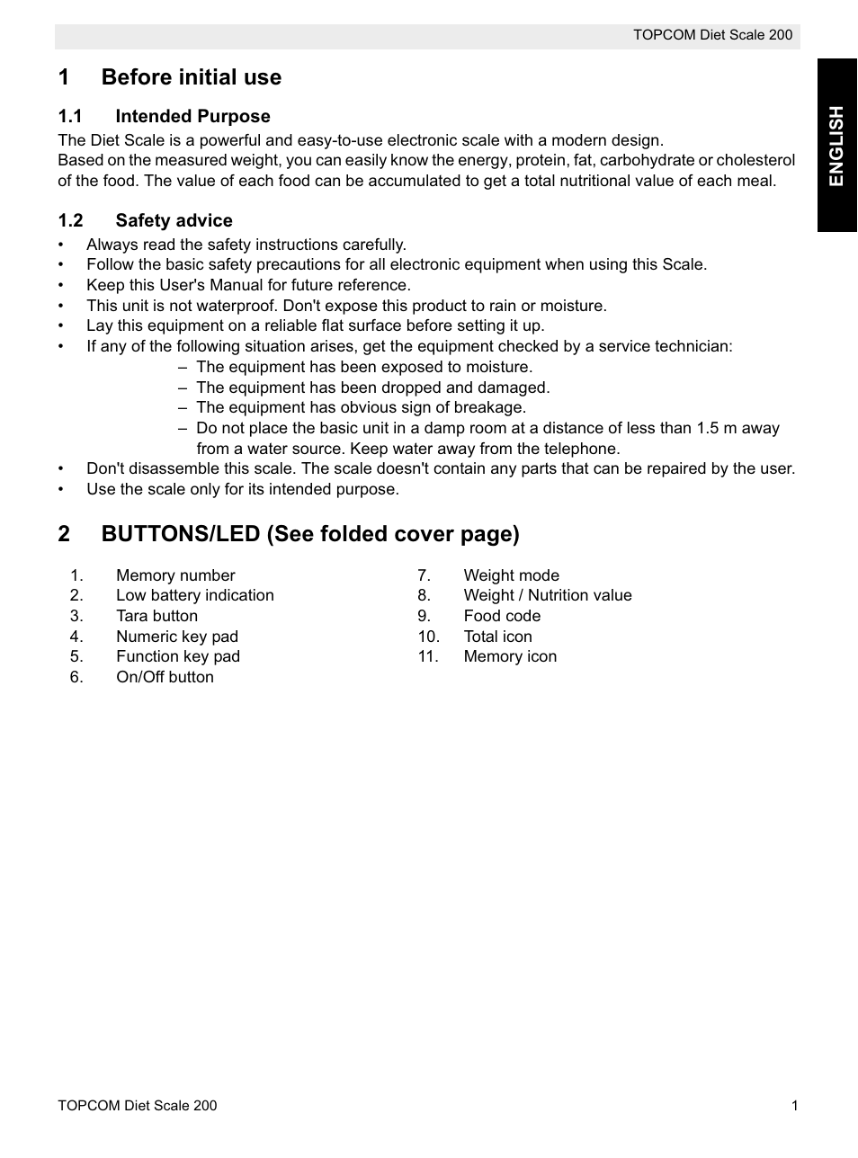 1before initial use, 2buttons/led (see folded cover page) | Topcom DIET SCALE 200 User Manual | Page 3 / 88