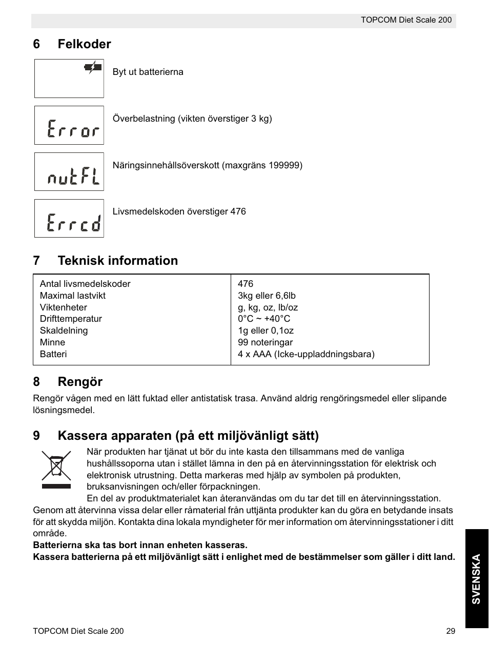 6felkoder, 7teknisk information 8 rengör, 9kassera apparaten (på ett miljövänligt sätt) | Topcom DIET SCALE 200 User Manual | Page 31 / 88