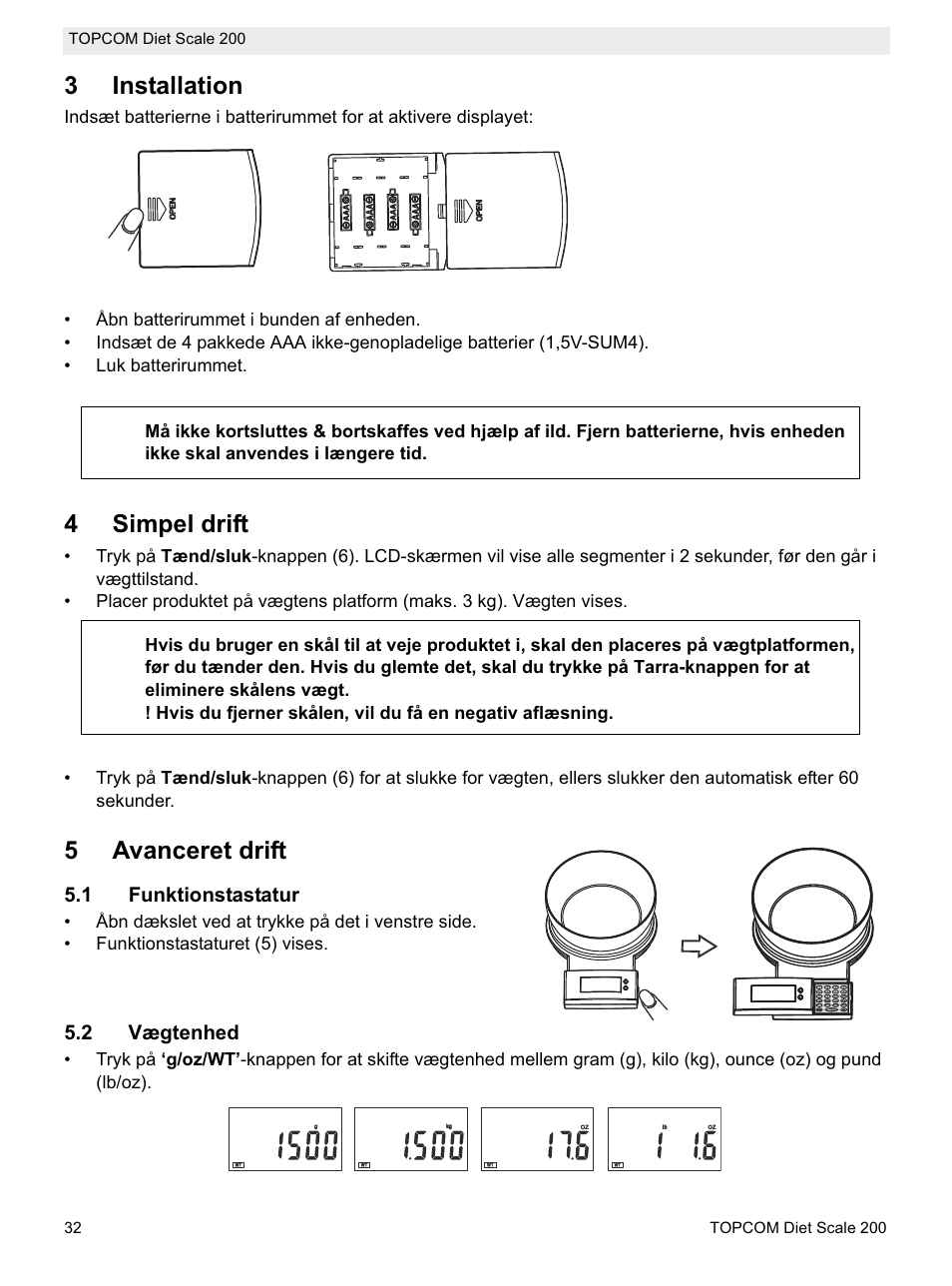 3installation, 4simpel drift, 5avanceret drift | 1 funktionstastatur, 2 vægtenhed | Topcom DIET SCALE 200 User Manual | Page 34 / 88