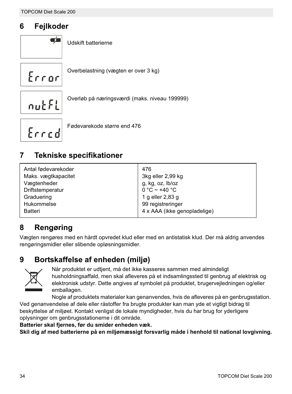 6fejlkoder, 7tekniske specifikationer 8 rengøring, 9bortskaffelse af enheden (miljø) | Topcom DIET SCALE 200 User Manual | Page 36 / 88