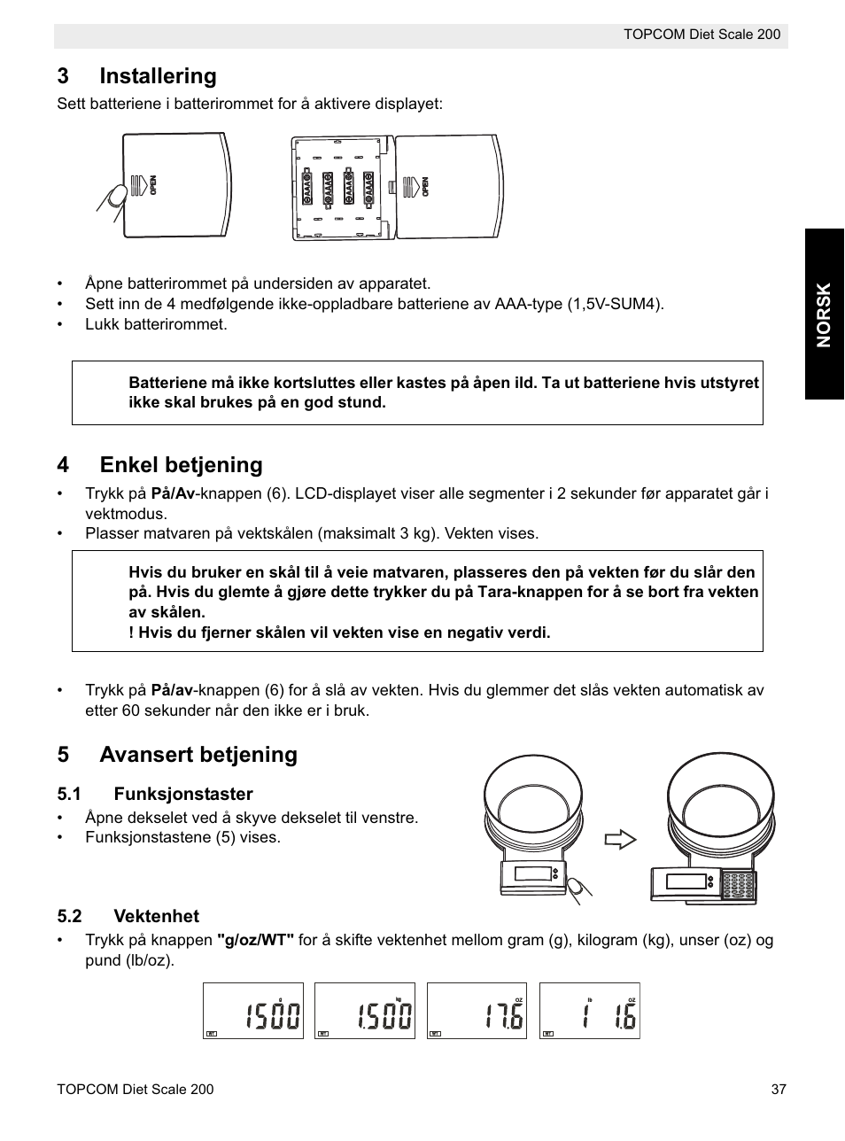 3installering, 4enkel betjening, 5avansert betjening | Norsk, 1 funksjonstaster, 2 vektenhet | Topcom DIET SCALE 200 User Manual | Page 39 / 88