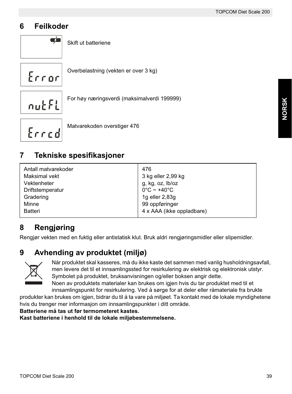 6feilkoder, 7tekniske spesifikasjoner 8 rengjøring, 9avhending av produktet (miljø) | Topcom DIET SCALE 200 User Manual | Page 41 / 88