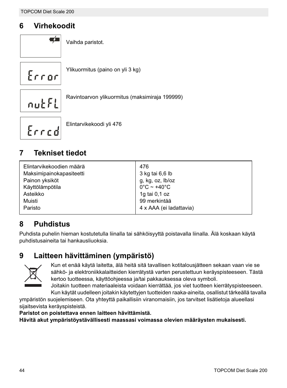 6virhekoodit, 7tekniset tiedot 8 puhdistus, 9laitteen hävittäminen (ympäristö) | Topcom DIET SCALE 200 User Manual | Page 46 / 88