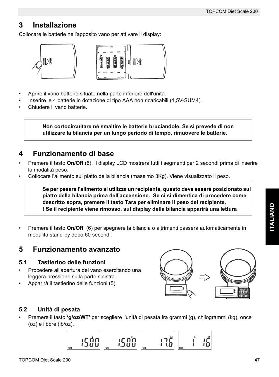3installazione, 4funzionamento di base, 5funzionamento avanzato | Italiano, 1 tastierino delle funzioni, 2 unità di pesata | Topcom DIET SCALE 200 User Manual | Page 49 / 88