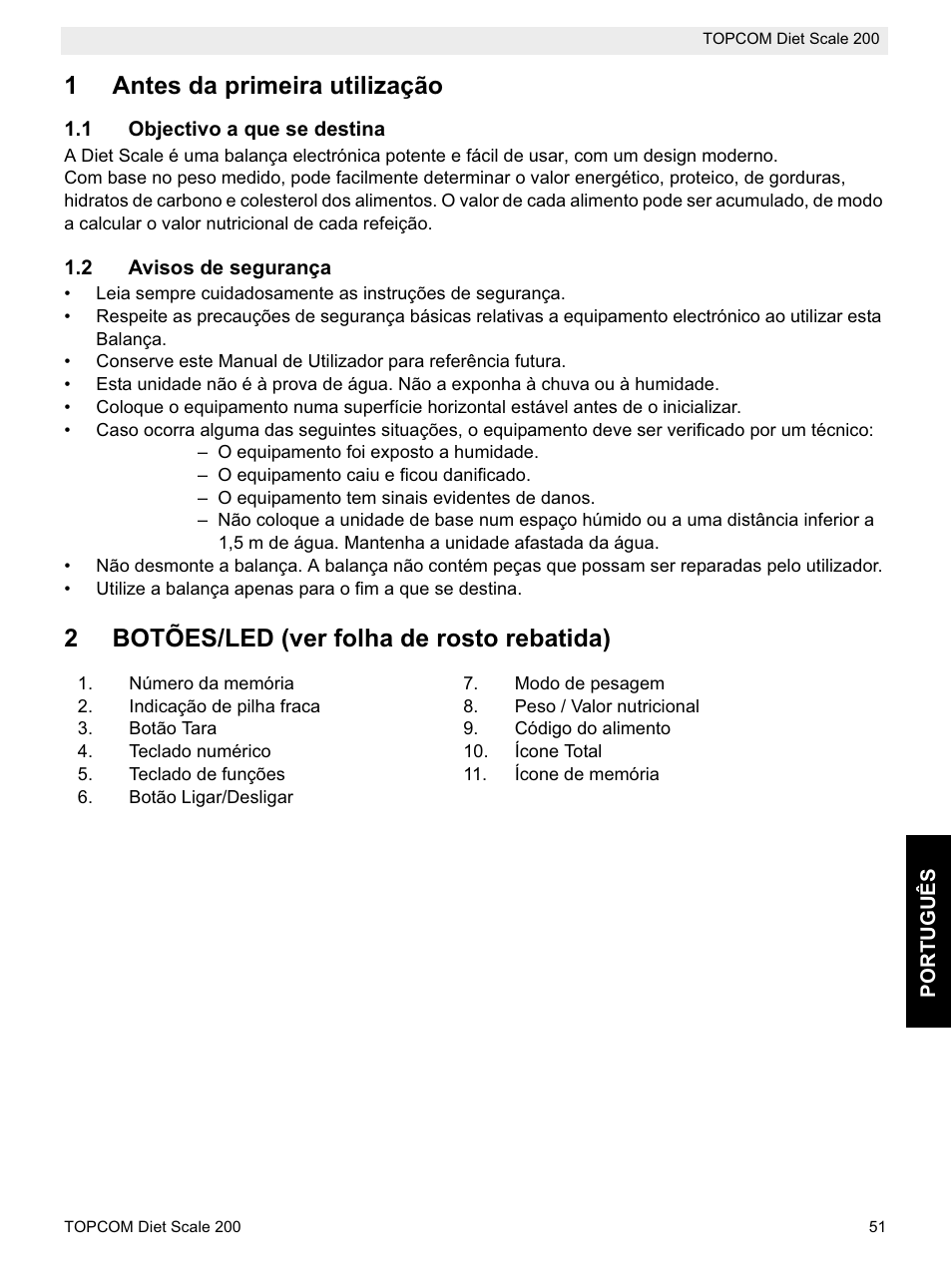 1antes da primeira utilização, 2botões/led (ver folha de rosto rebatida) | Topcom DIET SCALE 200 User Manual | Page 53 / 88