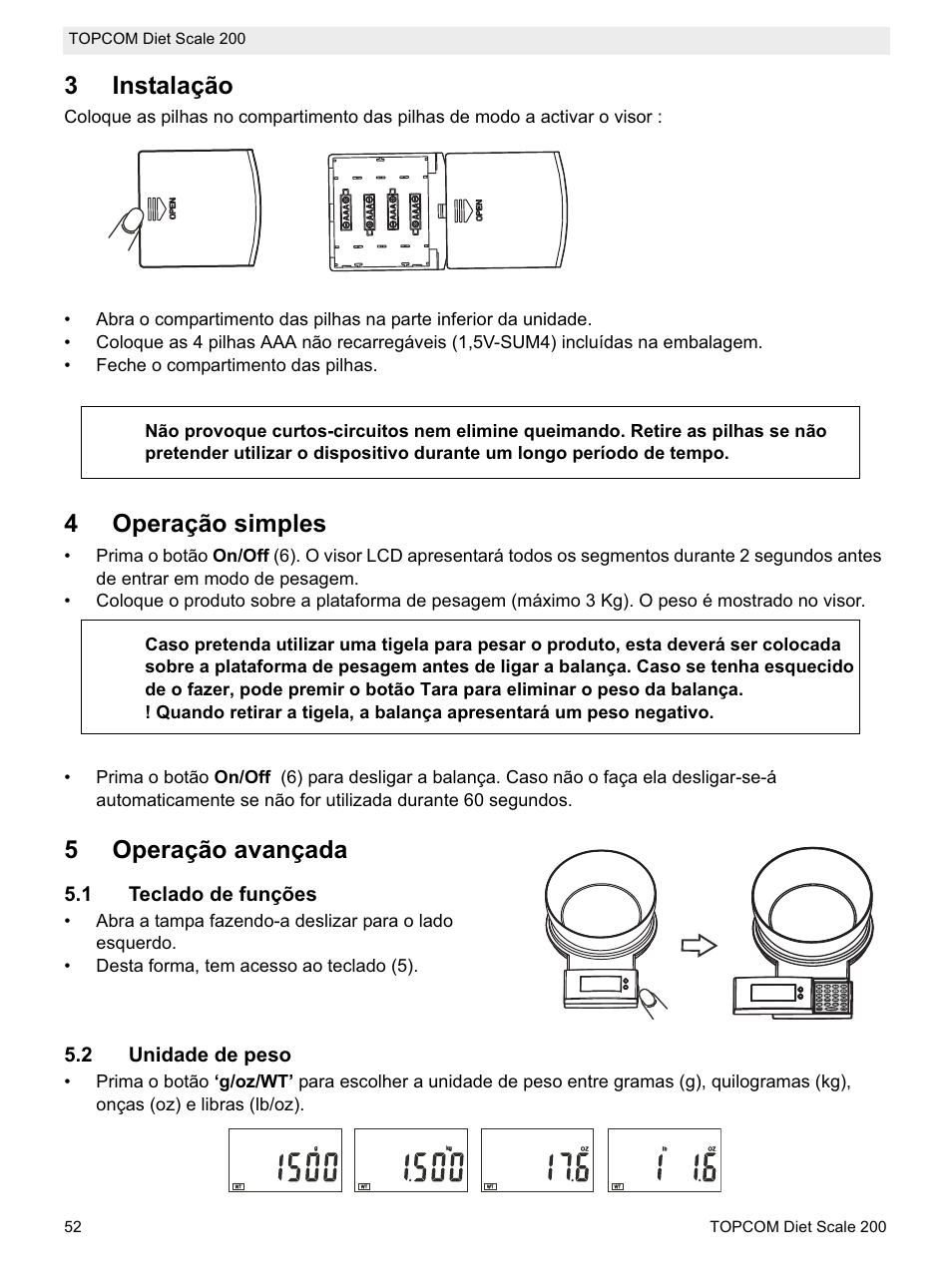 3instalação, 4operação simples, 5operação avançada | 1 teclado de funções, 2 unidade de peso | Topcom DIET SCALE 200 User Manual | Page 54 / 88