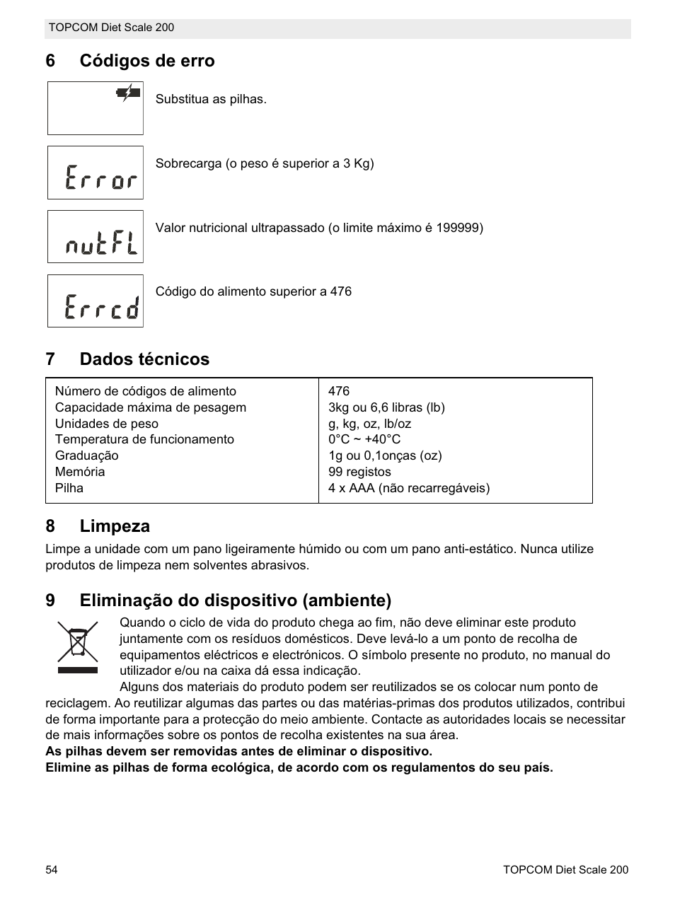 6códigos de erro, 7dados técnicos 8 limpeza, 9eliminação do dispositivo (ambiente) | Topcom DIET SCALE 200 User Manual | Page 56 / 88