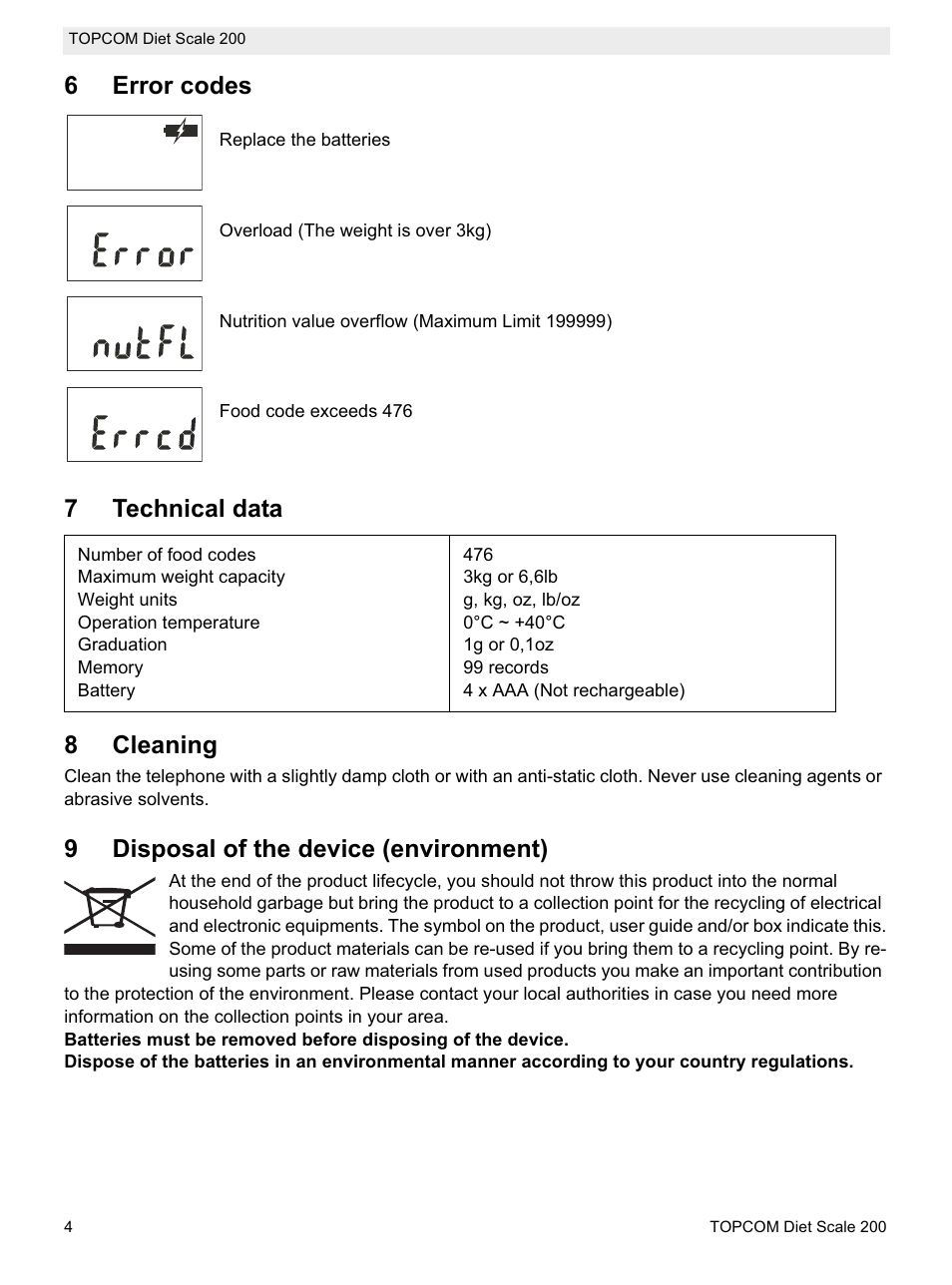 6error codes, 7technical data 8 cleaning, 9disposal of the device (environment) | Topcom DIET SCALE 200 User Manual | Page 6 / 88