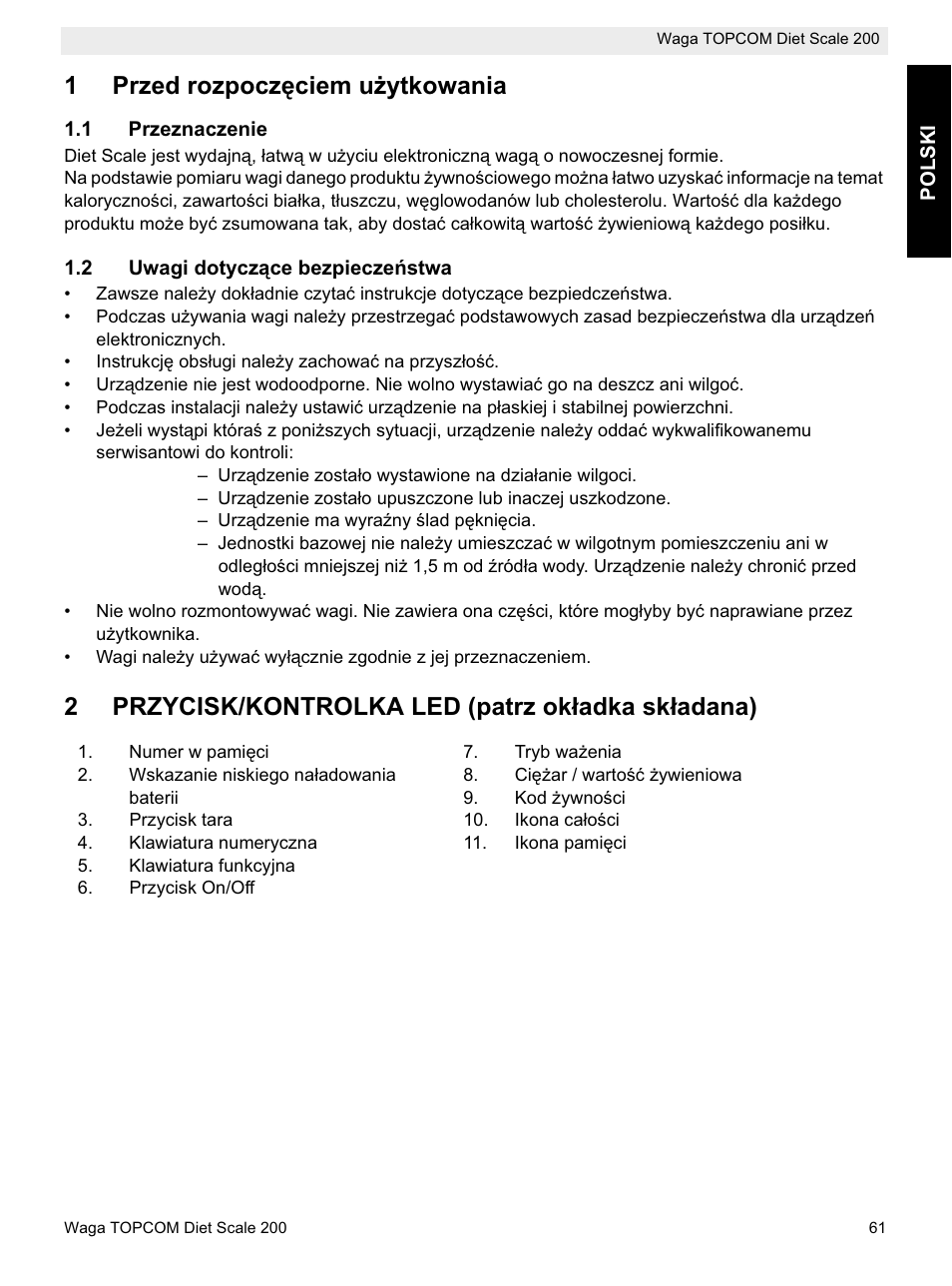 1przed rozpoczċciem uīytkowania, 2przycisk/kontrolka led (patrz okáadka skáadana) | Topcom DIET SCALE 200 User Manual | Page 63 / 88