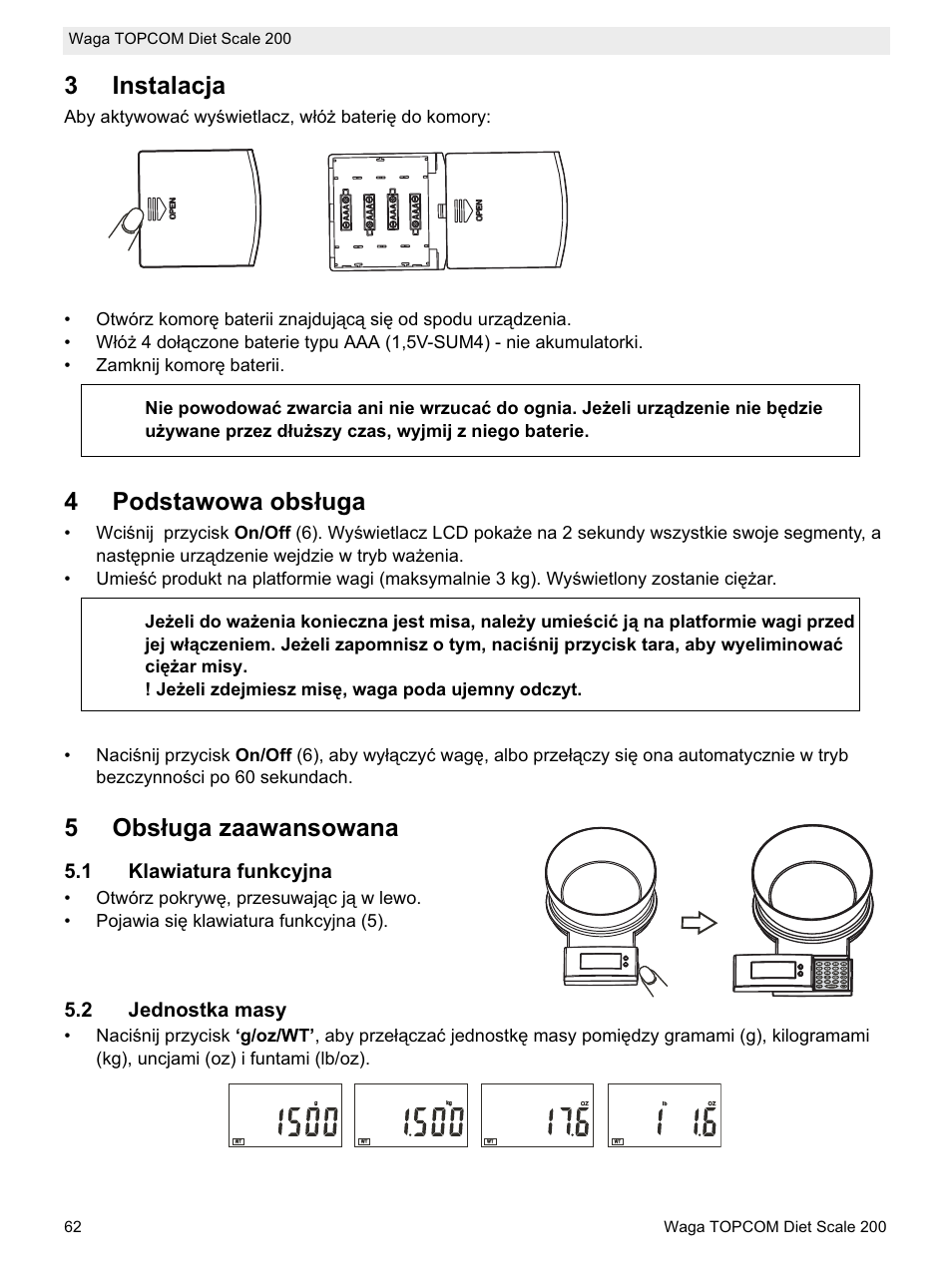3instalacja, 4podstawowa obsáuga, 5obsáuga zaawansowana | 1 klawiatura funkcyjna, 2 jednostka masy | Topcom DIET SCALE 200 User Manual | Page 64 / 88