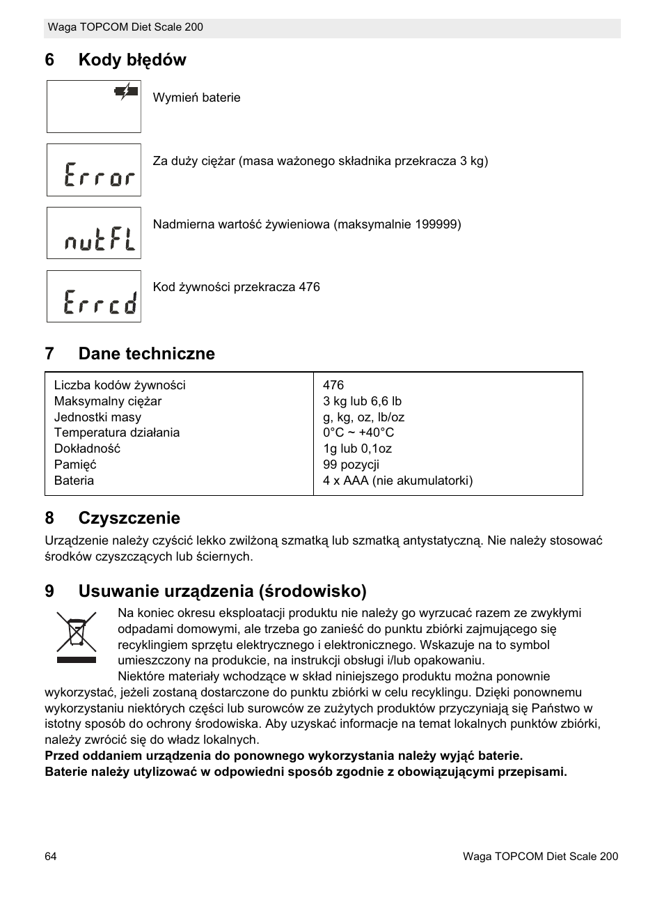 6kody báċdów, 7dane techniczne 8 czyszczenie, 9usuwanie urządzenia (ğrodowisko) | Topcom DIET SCALE 200 User Manual | Page 66 / 88