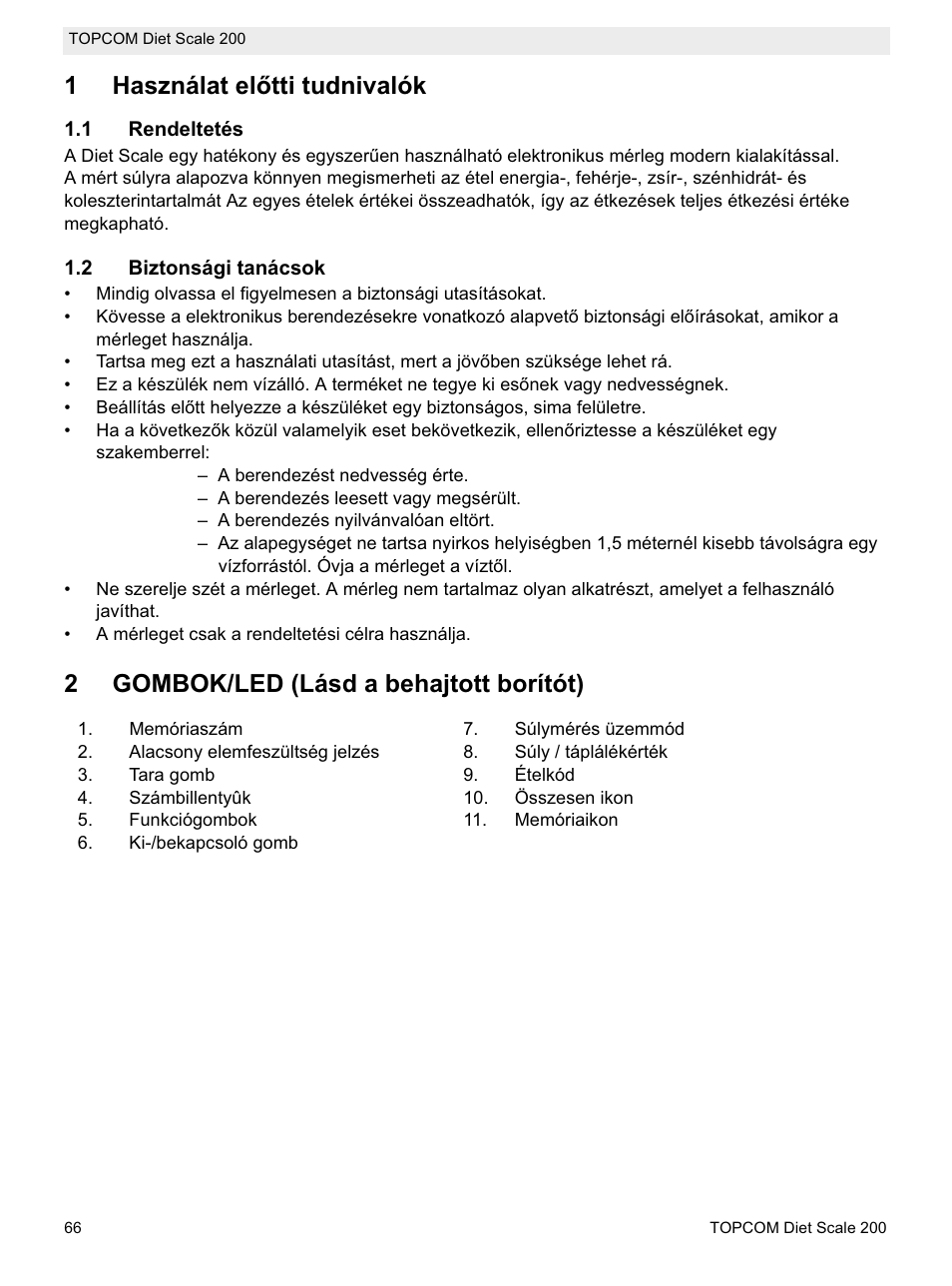 1használat elętti tudnivalók, 2gombok/led (lásd a behajtott borítót) | Topcom DIET SCALE 200 User Manual | Page 68 / 88