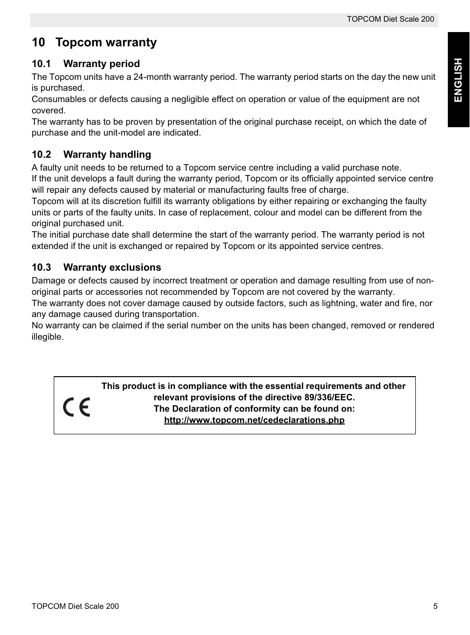 10 topcom warranty | Topcom DIET SCALE 200 User Manual | Page 7 / 88