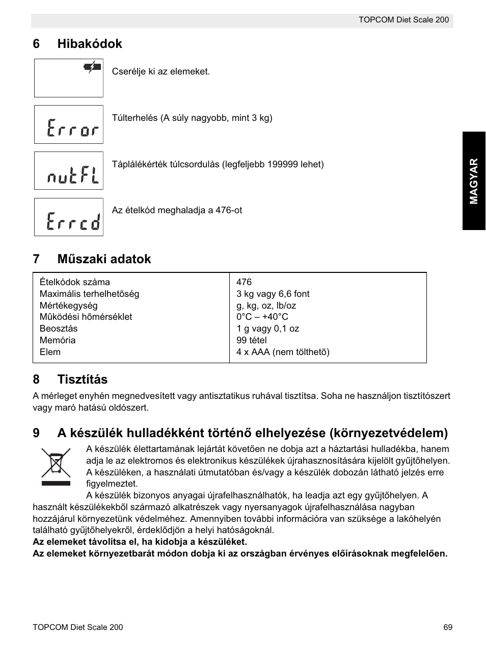 6hibakódok, 7mħszaki adatok 8 tisztítás | Topcom DIET SCALE 200 User Manual | Page 71 / 88