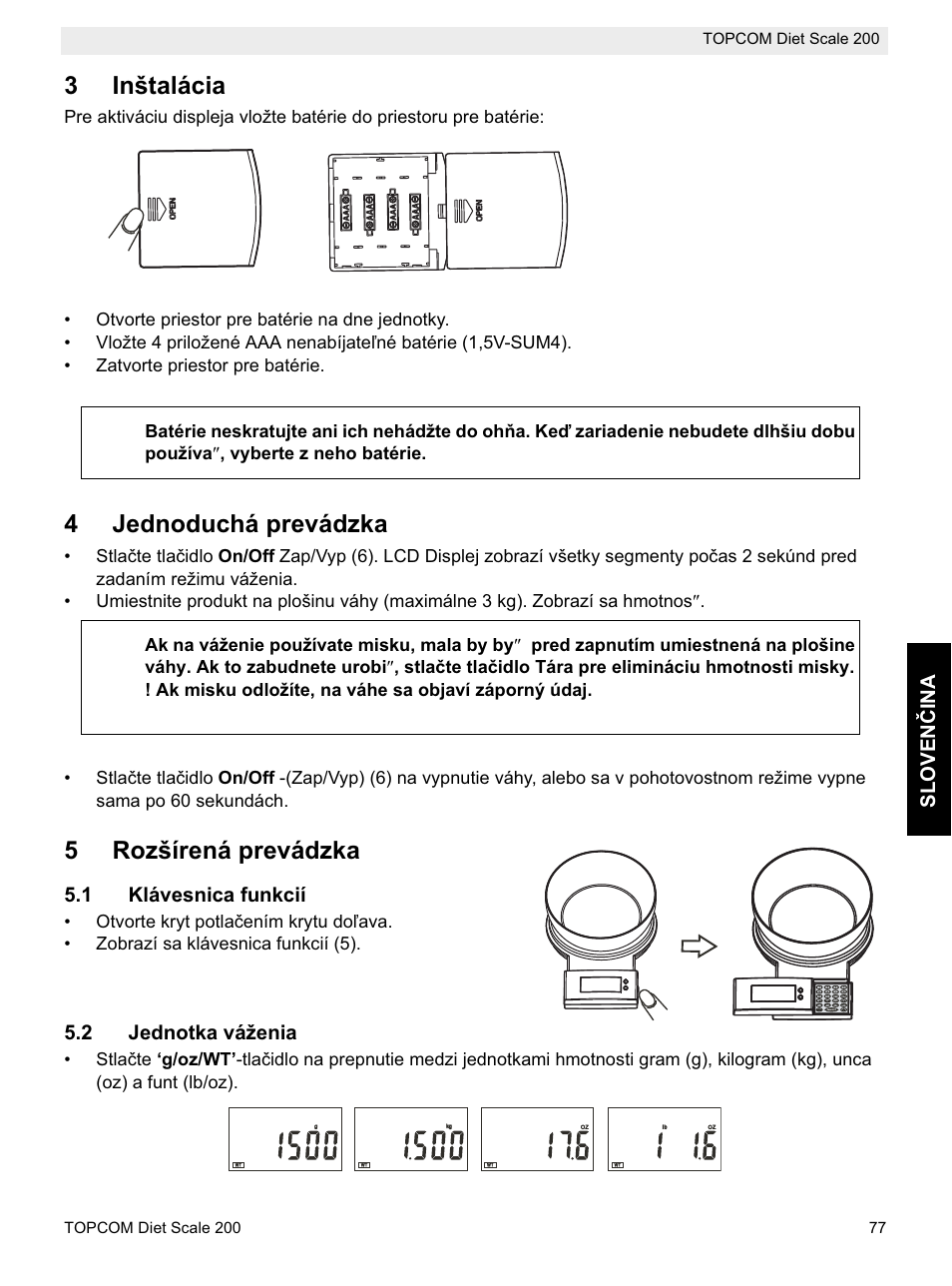 3inštalácia, 4jednoduchá prevádzka, 5rozšírená prevádzka | Slovenýina, 1 klávesnica funkcií, 2 jednotka váženia | Topcom DIET SCALE 200 User Manual | Page 79 / 88