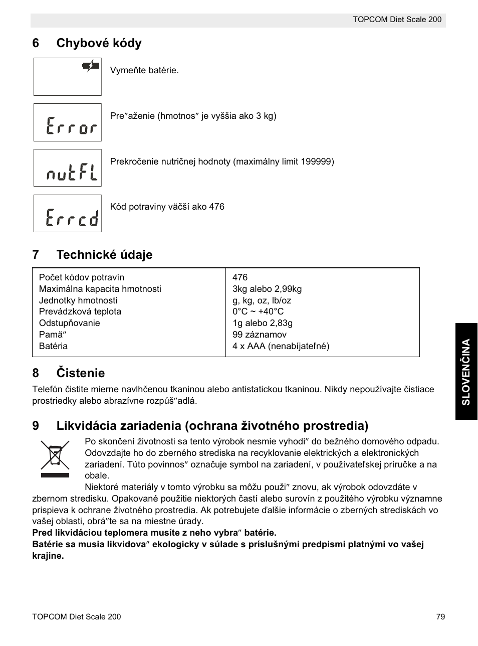 6chybové kódy, 7technické údaje 8 ýistenie | Topcom DIET SCALE 200 User Manual | Page 81 / 88