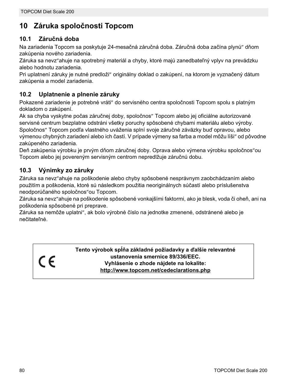 10 záruka spoloþnosti topcom | Topcom DIET SCALE 200 User Manual | Page 82 / 88