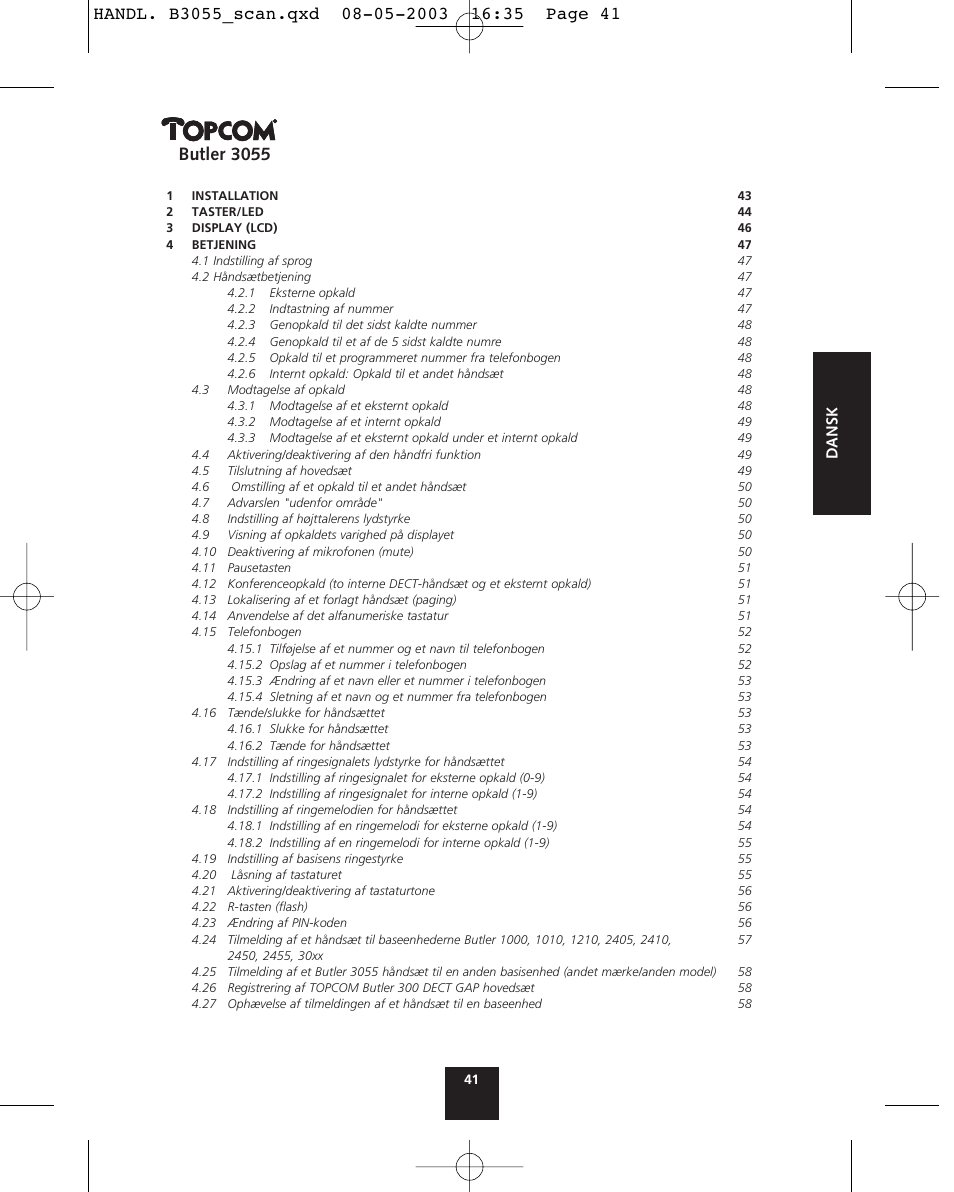 Butler 3055, Dansk | Topcom BUTLER 3055 User Manual | Page 41 / 176