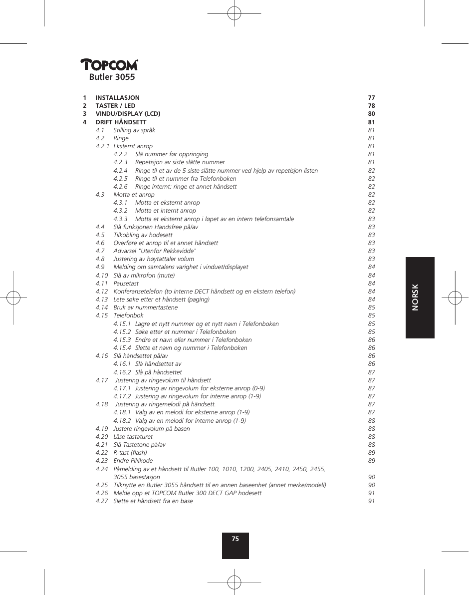 Butler 3055, Norsk | Topcom BUTLER 3055 User Manual | Page 75 / 176