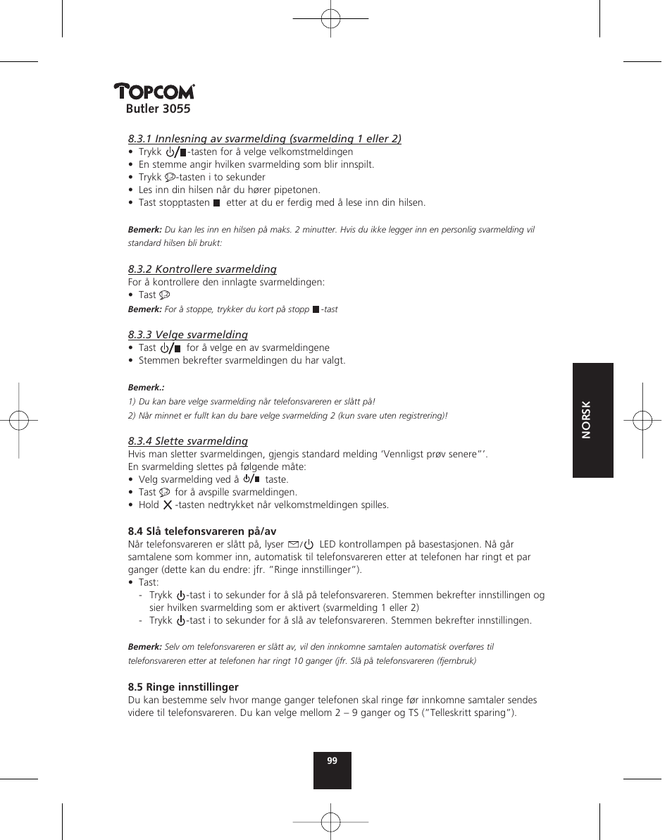 Butler 3055 | Topcom BUTLER 3055 User Manual | Page 99 / 176