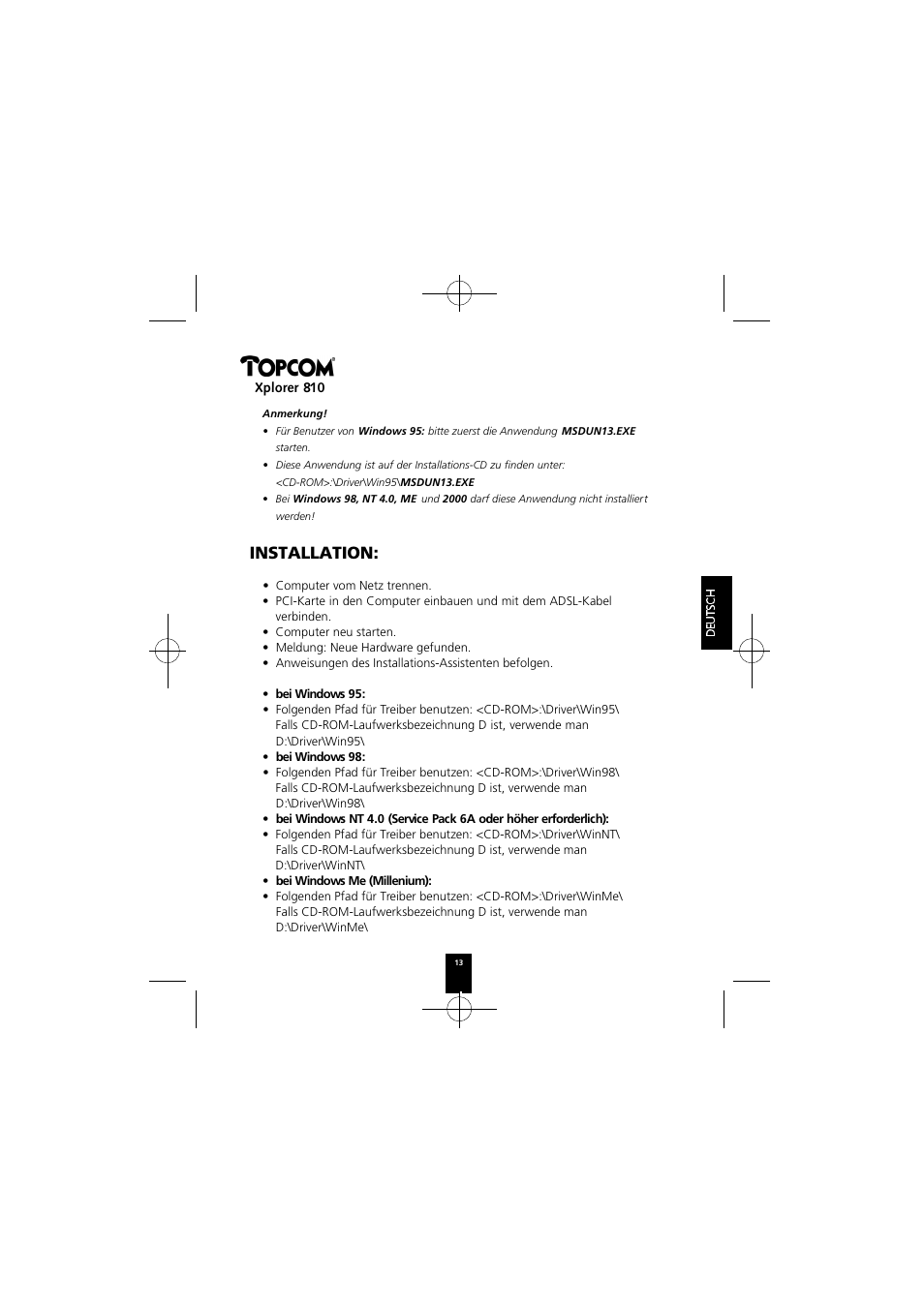 Installation | Topcom Xplorer 874A User Manual | Page 13 / 28