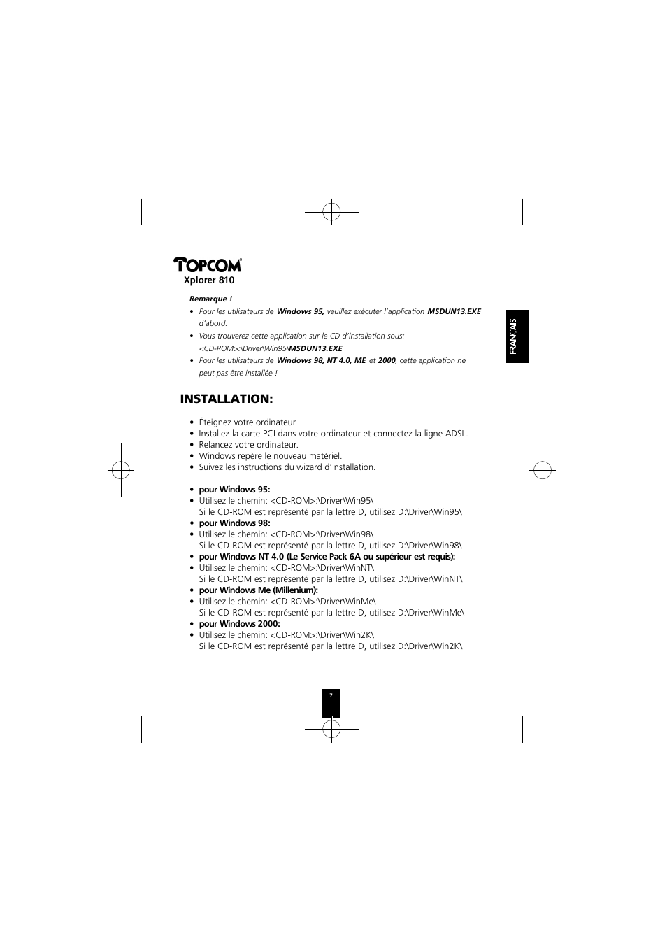 Installation | Topcom Xplorer 874A User Manual | Page 7 / 28