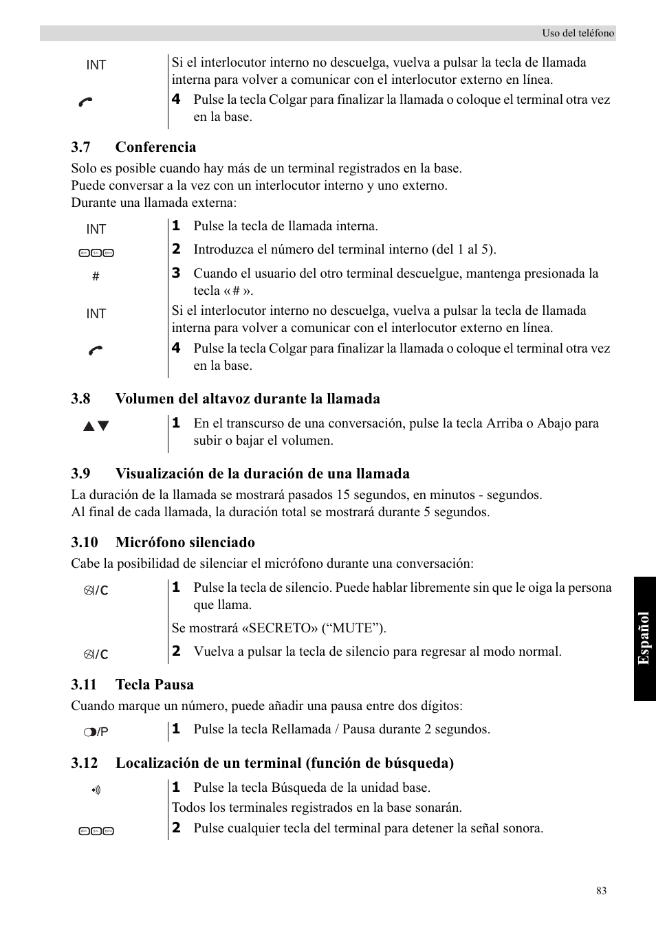 Español, 7 conferencia, 10 micrófono silenciado | 11 tecla pausa | Topcom Butler E400 User Manual | Page 105 / 272