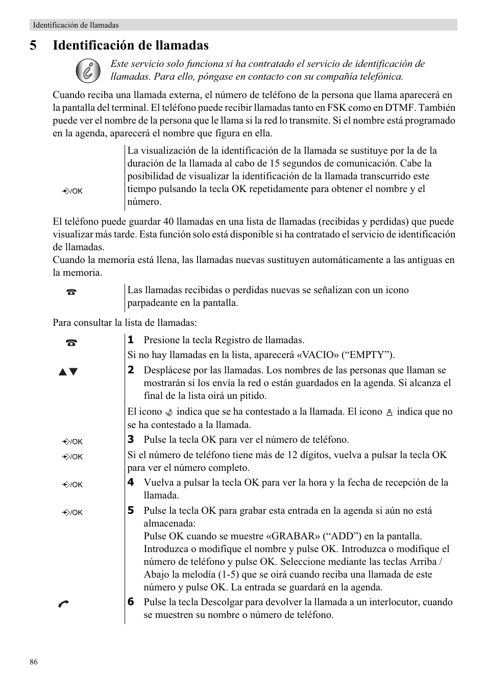 5identificación de llamadas | Topcom Butler E400 User Manual | Page 108 / 272
