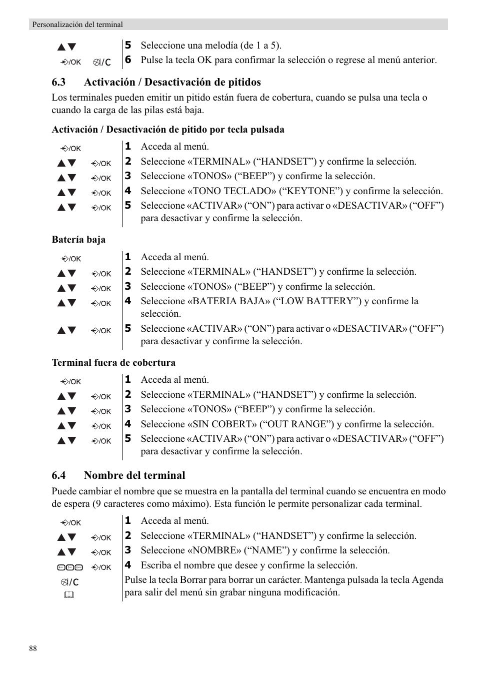3 activación / desactivación de pitidos, 4 nombre del terminal | Topcom Butler E400 User Manual | Page 110 / 272