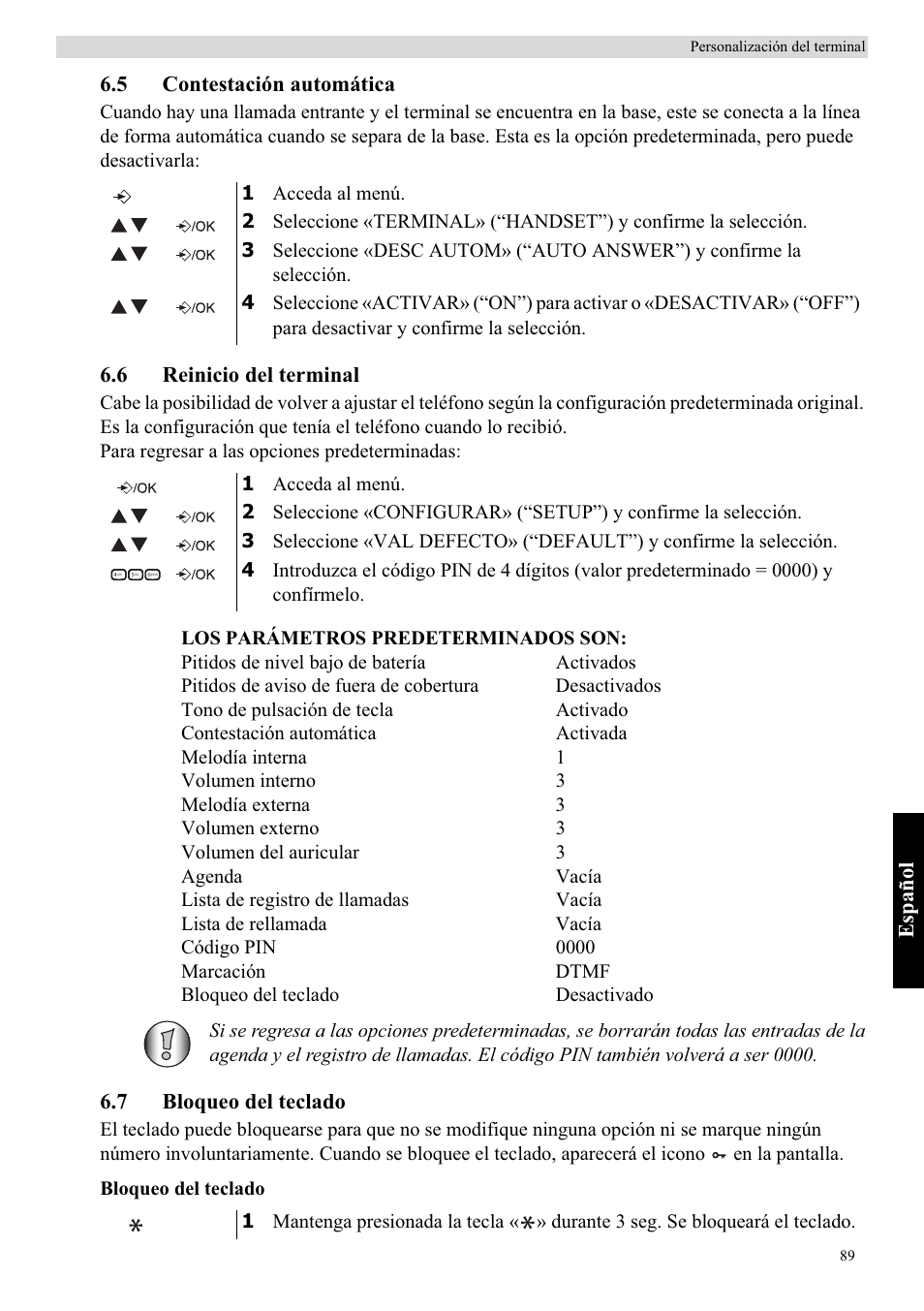 Español, 5 contestación automática, 6 reinicio del terminal | 7 bloqueo del teclado | Topcom Butler E400 User Manual | Page 111 / 272