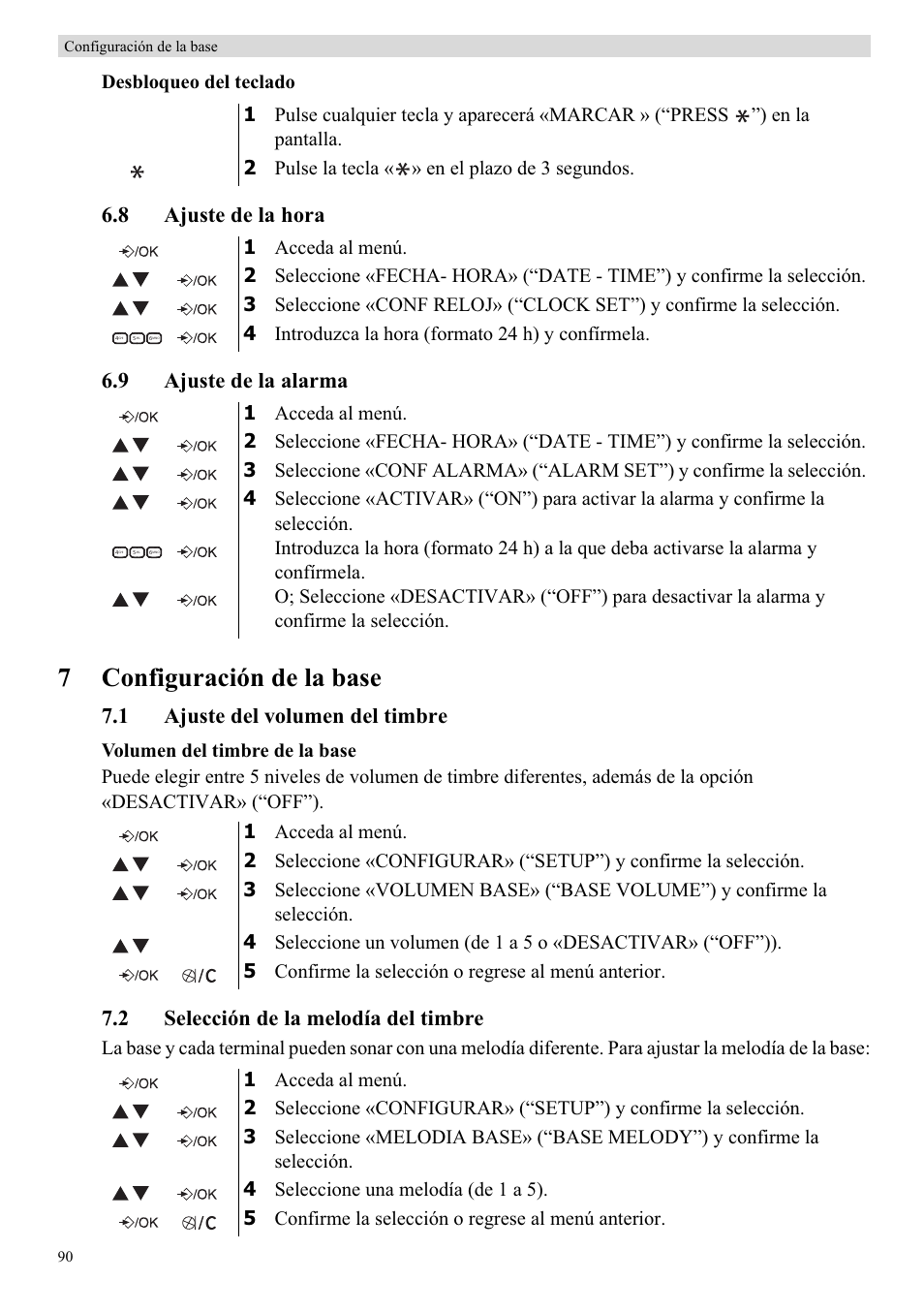 7configuración de la base, 8 ajuste de la hora 6.9 ajuste de la alarma, 1 ajuste del volumen del timbre | 2 selección de la melodía del timbre, Desbloqueo del teclado | Topcom Butler E400 User Manual | Page 112 / 272