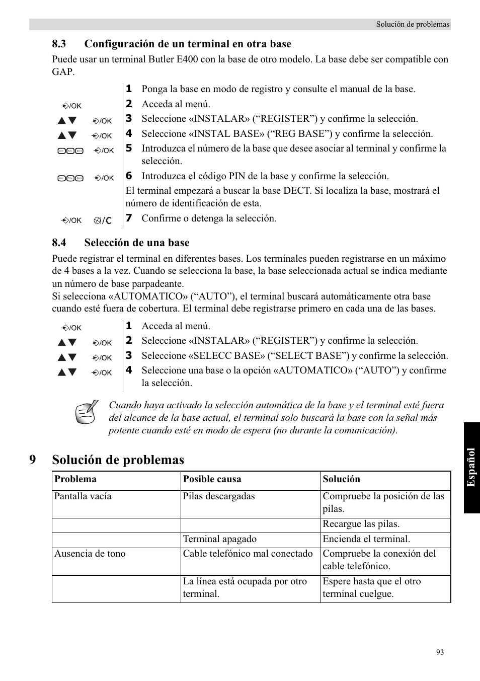 9solución de problemas, Español, 3 configuración de un terminal en otra base | 4 selección de una base | Topcom Butler E400 User Manual | Page 115 / 272