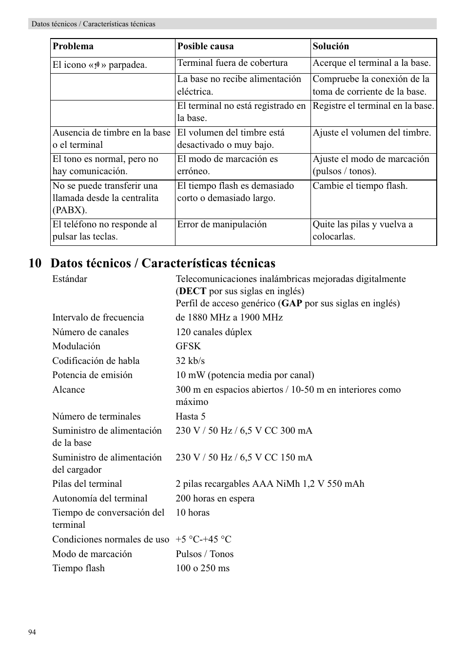 10 datos técnicos / características técnicas | Topcom Butler E400 User Manual | Page 116 / 272