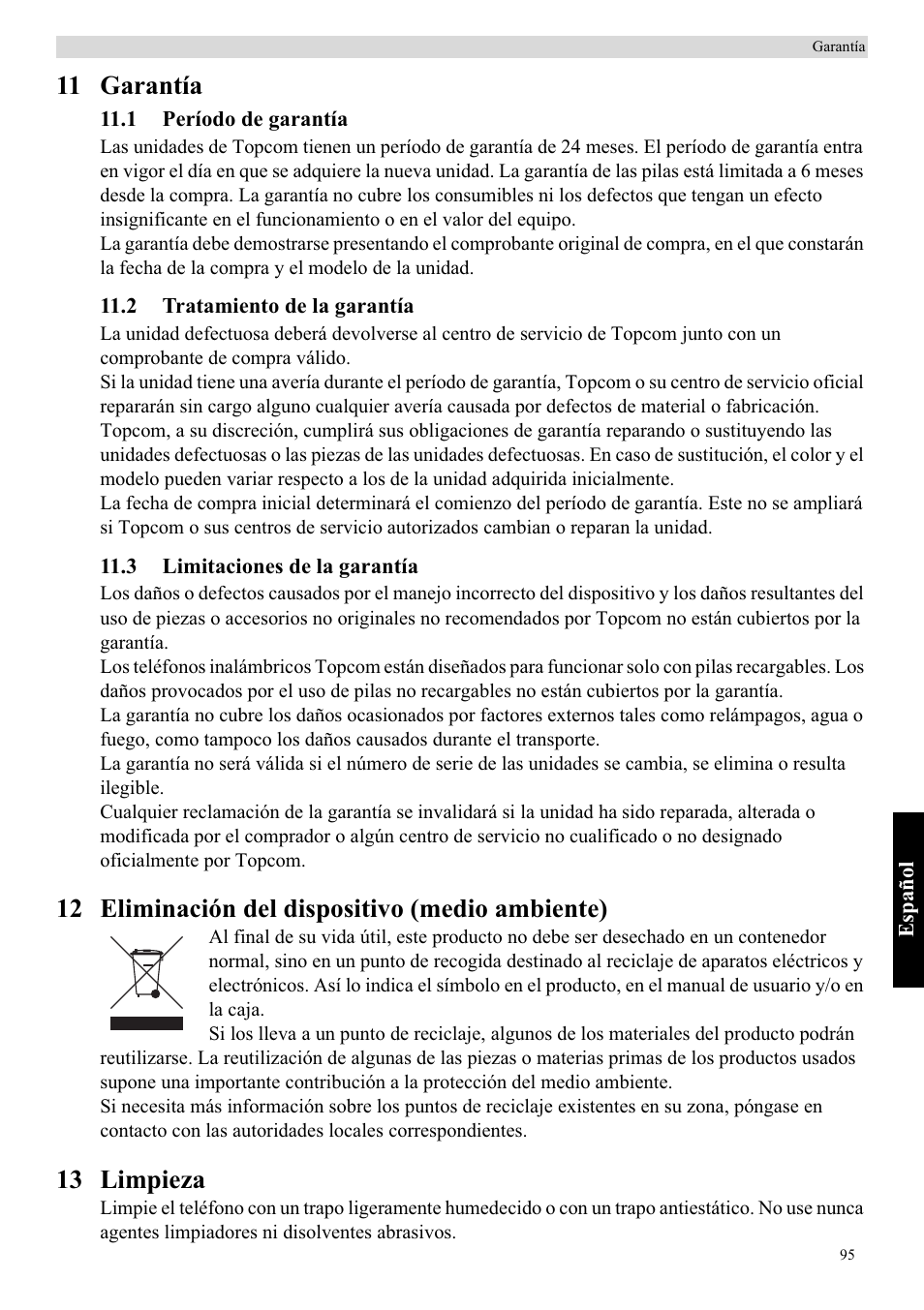 11 garantía, 12 eliminación del dispositivo (medio ambiente), 13 limpieza | Topcom Butler E400 User Manual | Page 117 / 272