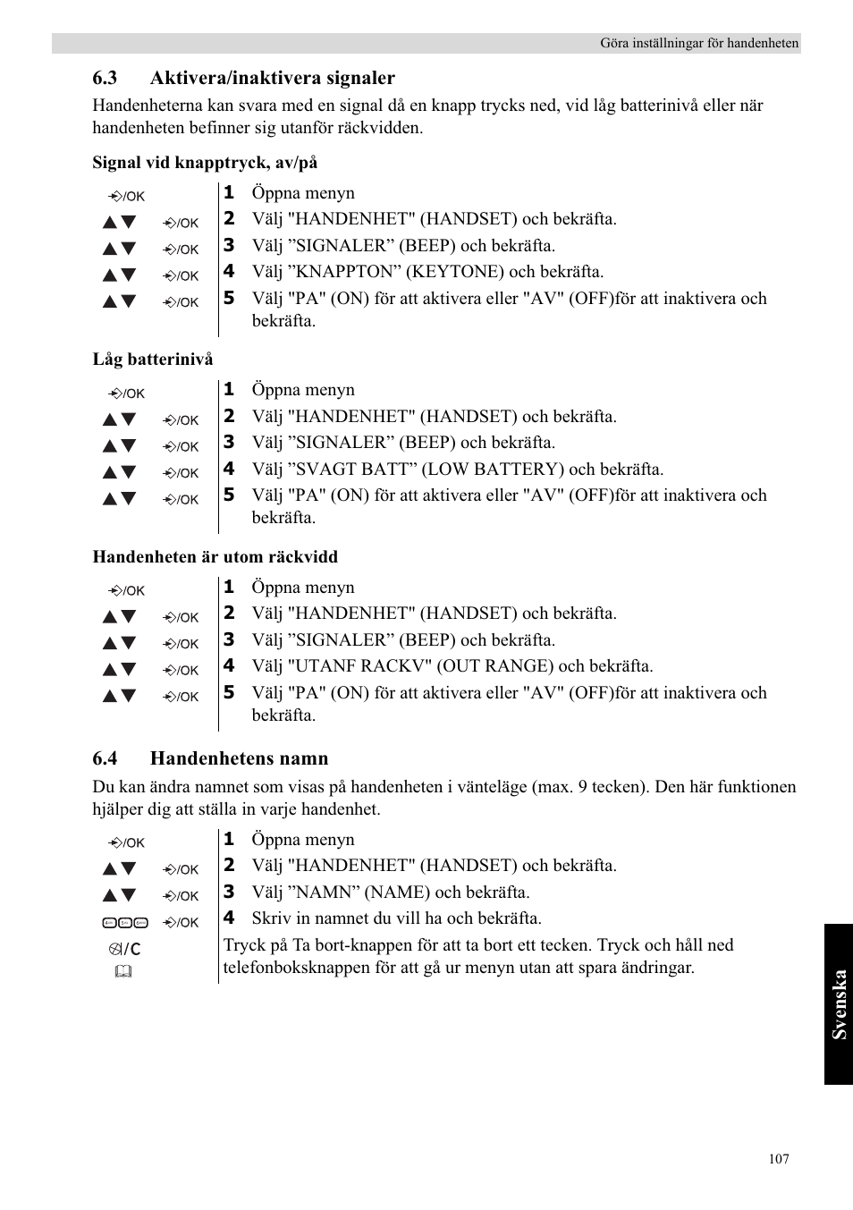 Svenska, 3 aktivera/inaktivera signaler, 4 handenhetens namn | Topcom Butler E400 User Manual | Page 129 / 272