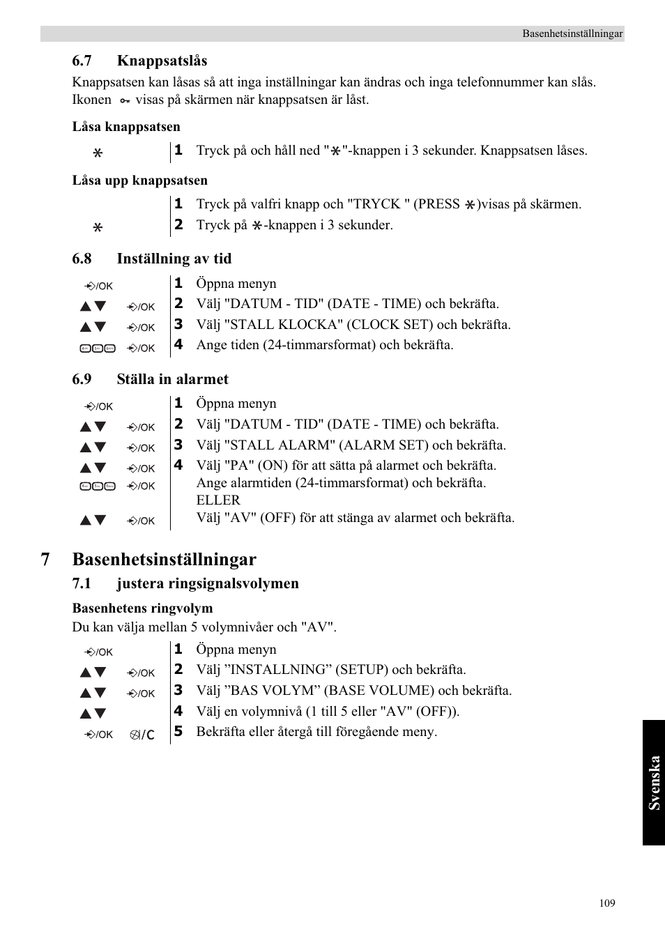 7basenhetsinställningar, Svenska, 7 knappsatslås | 8 inställning av tid 6.9 ställa in alarmet, 1 justera ringsignalsvolymen | Topcom Butler E400 User Manual | Page 131 / 272