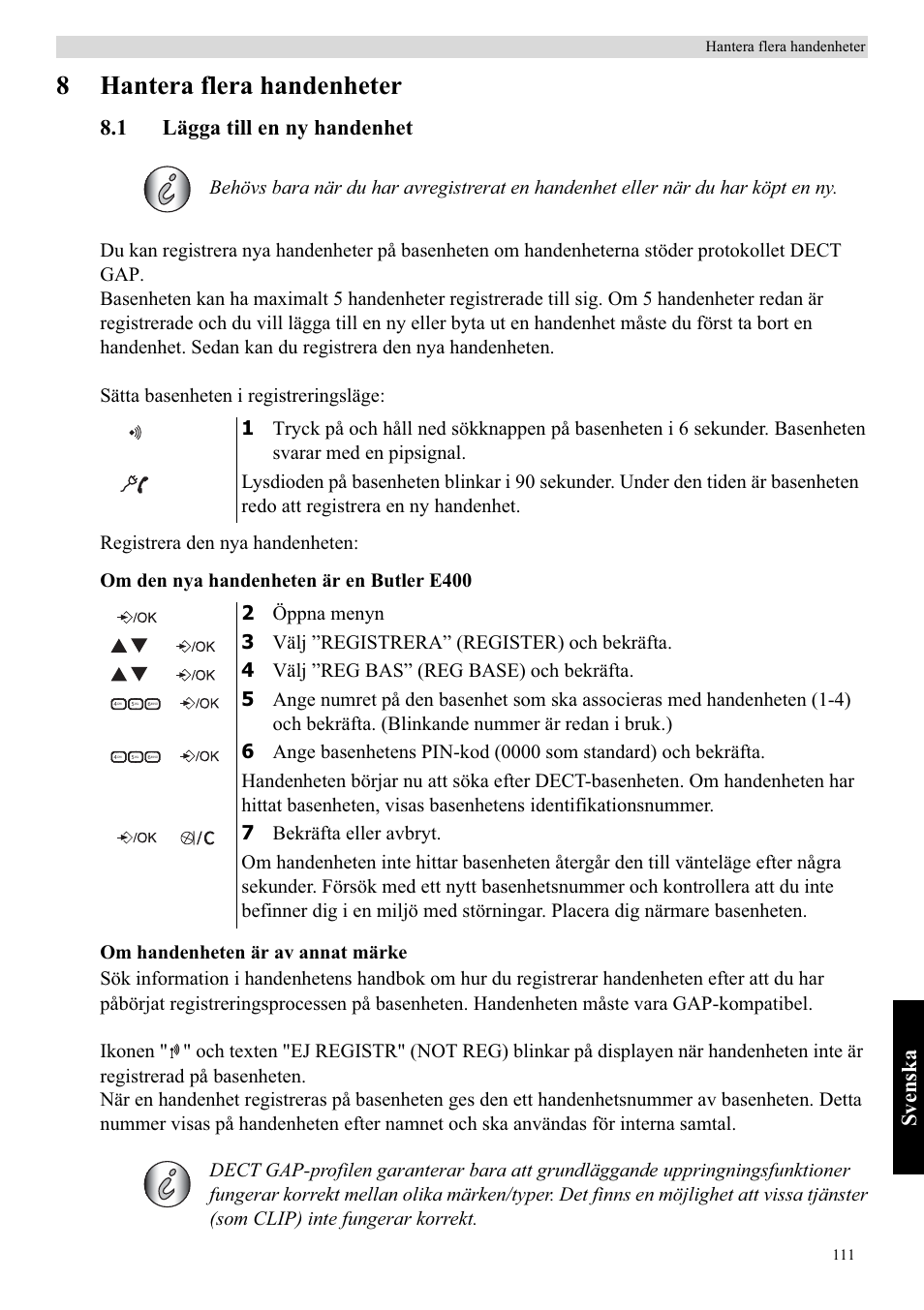 8hantera flera handenheter, Svenska, 1 lägga till en ny handenhet | Topcom Butler E400 User Manual | Page 133 / 272