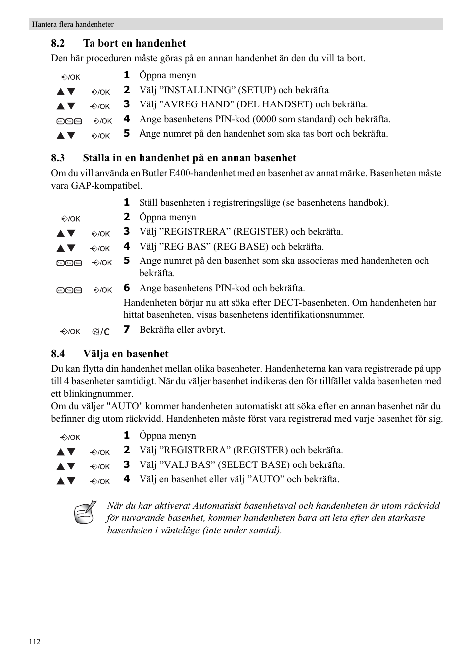 2 ta bort en handenhet, 3 ställa in en handenhet på en annan basenhet, 4 välja en basenhet | Topcom Butler E400 User Manual | Page 134 / 272