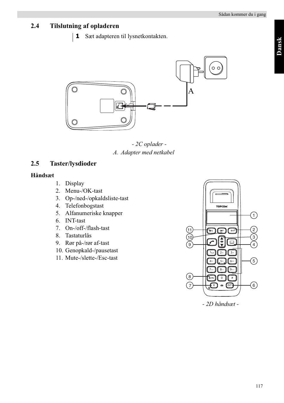Da ns k, 4 tilslutning af opladeren, 5 taster/lysdioder | 2c oplader - a. adapter med netkabel, 2d håndsæt | Topcom Butler E400 User Manual | Page 139 / 272