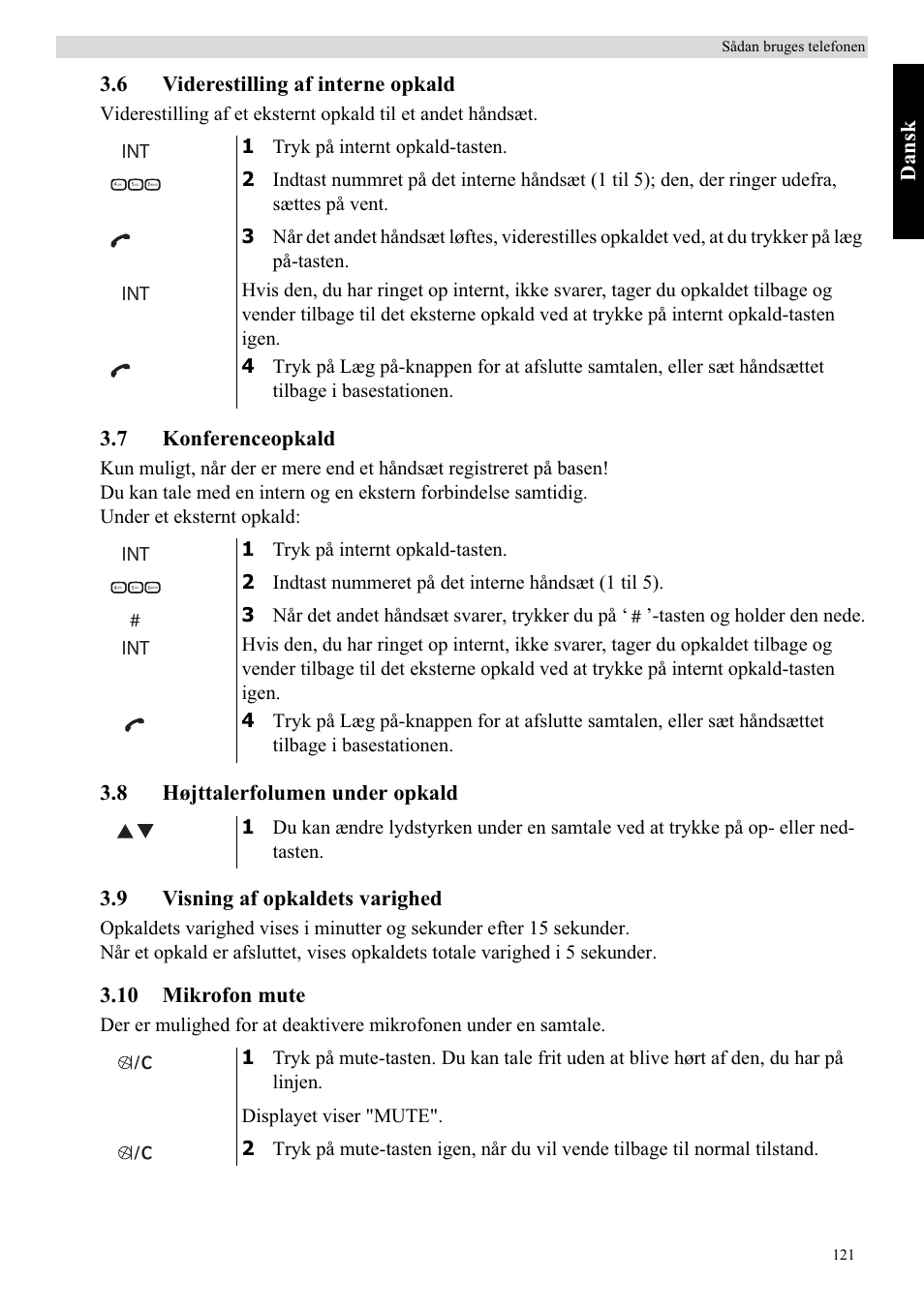 Da ns k, 6 viderestilling af interne opkald, 7 konferenceopkald | 10 mikrofon mute | Topcom Butler E400 User Manual | Page 143 / 272