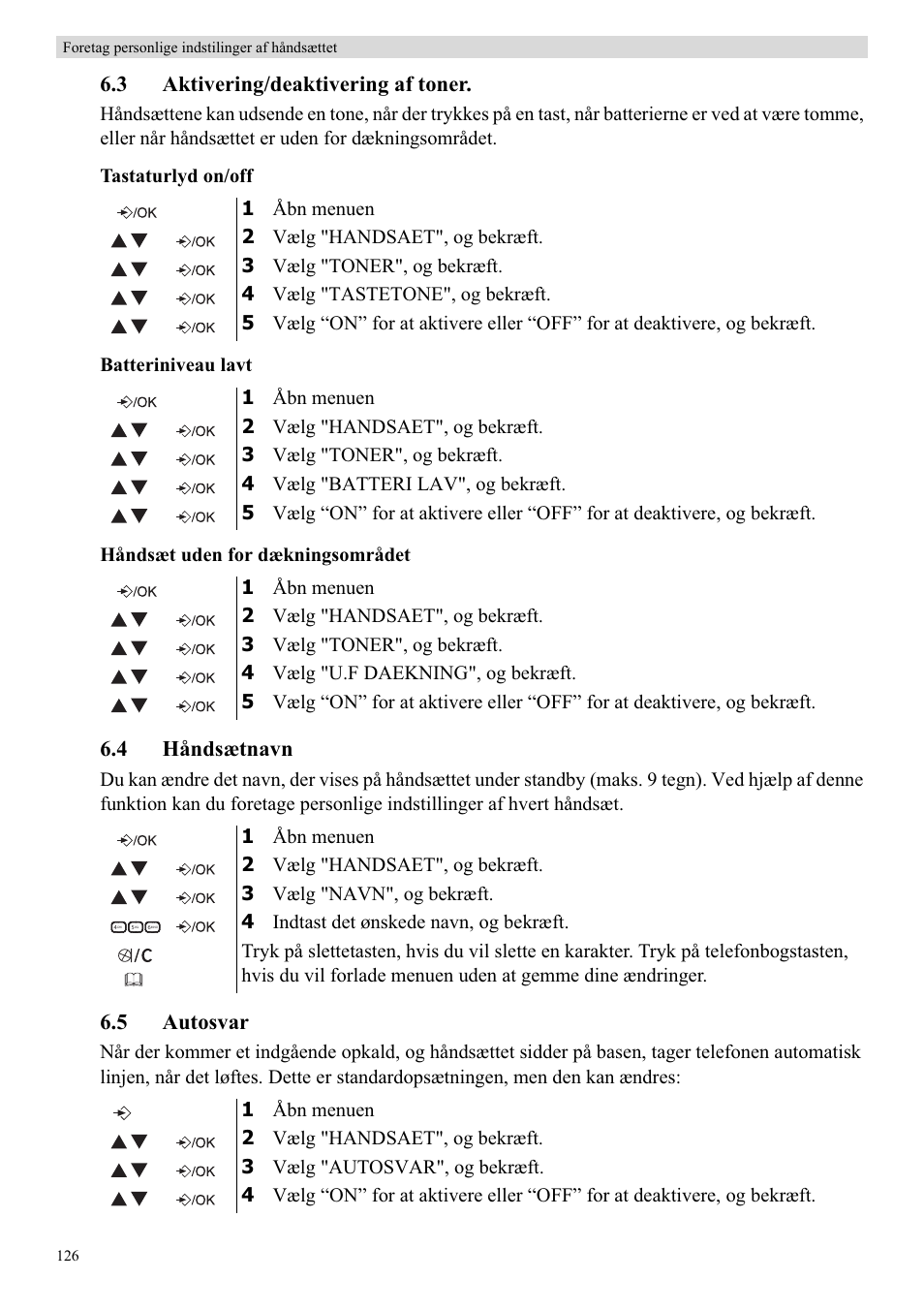 3 aktivering/deaktivering af toner, 4 håndsætnavn, 5 autosvar | Topcom Butler E400 User Manual | Page 148 / 272