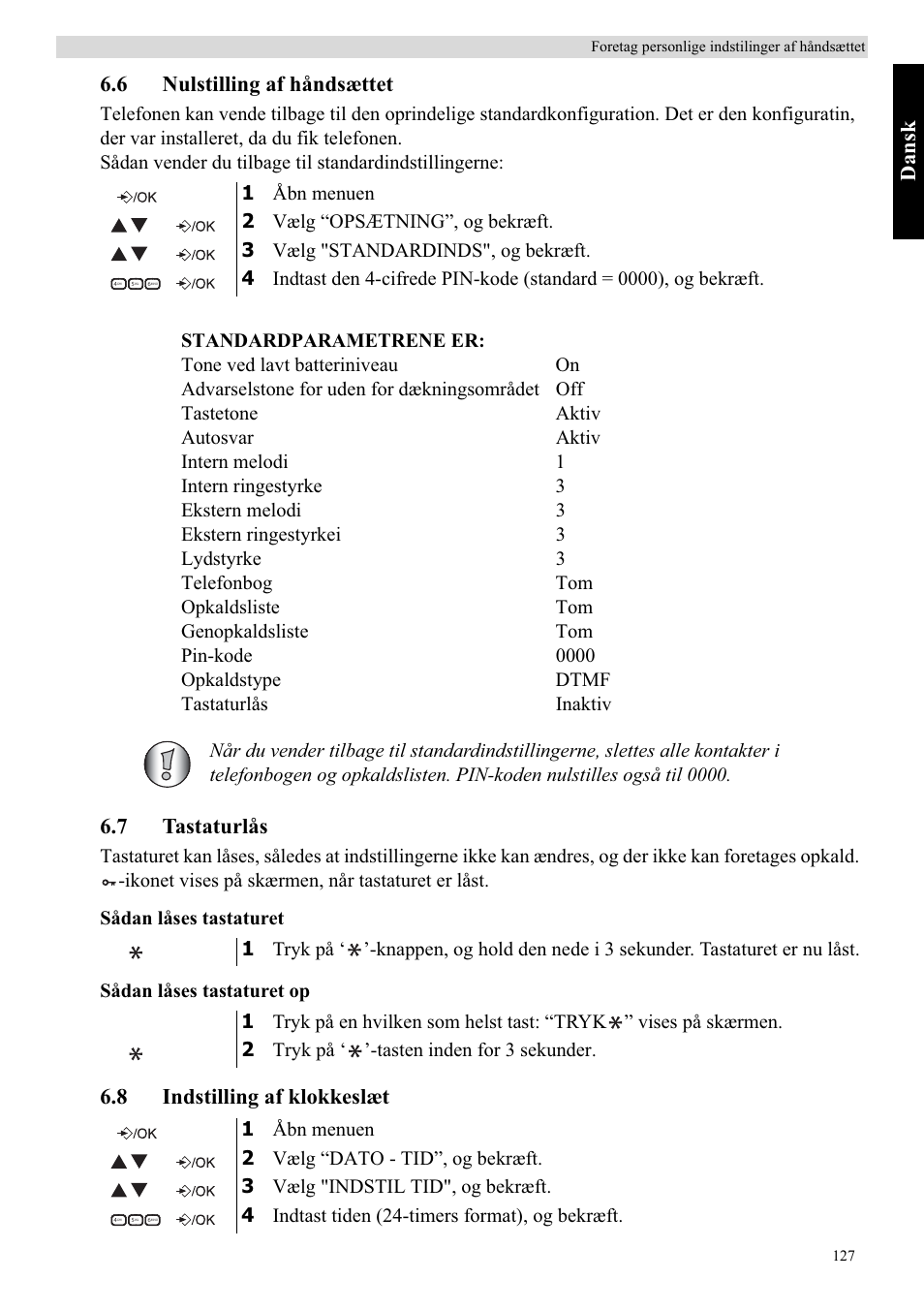 Da ns k, 6 nulstilling af håndsættet, 7 tastaturlås | 8 indstilling af klokkeslæt | Topcom Butler E400 User Manual | Page 149 / 272