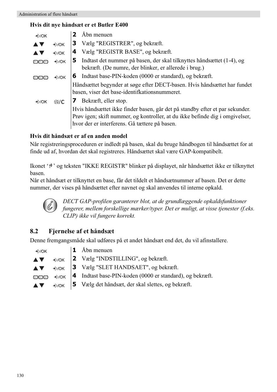 2 fjernelse af et håndsæt, 130 administration af flere håndsæt | Topcom Butler E400 User Manual | Page 152 / 272
