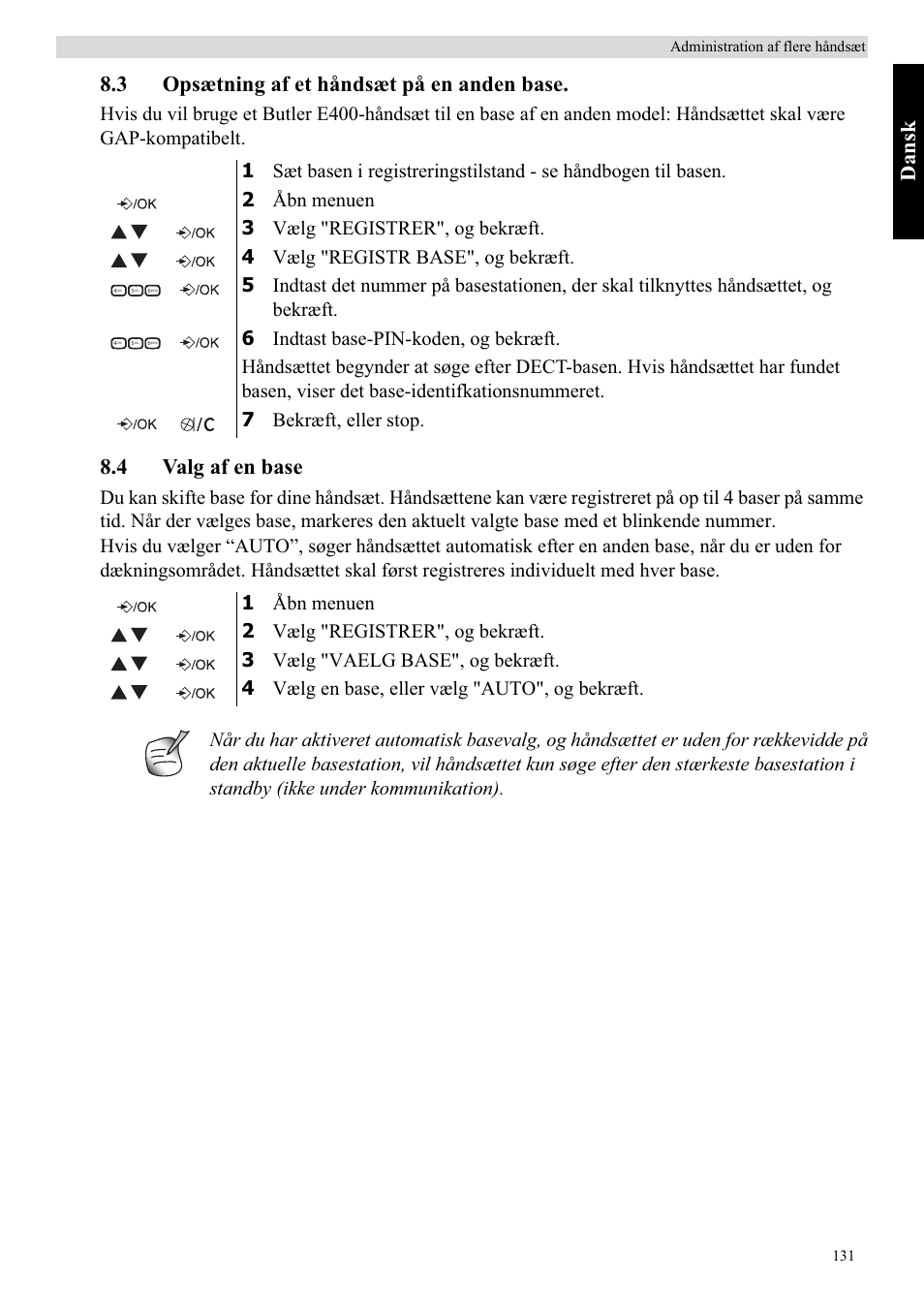 Da ns k, 3 opsætning af et håndsæt på en anden base, 4 valg af en base | Topcom Butler E400 User Manual | Page 153 / 272