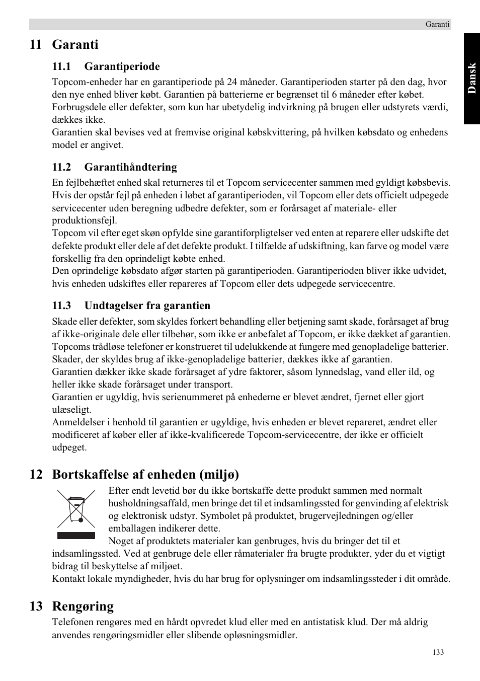 11 garanti, 12 bortskaffelse af enheden (miljø), 13 rengøring | Topcom Butler E400 User Manual | Page 155 / 272