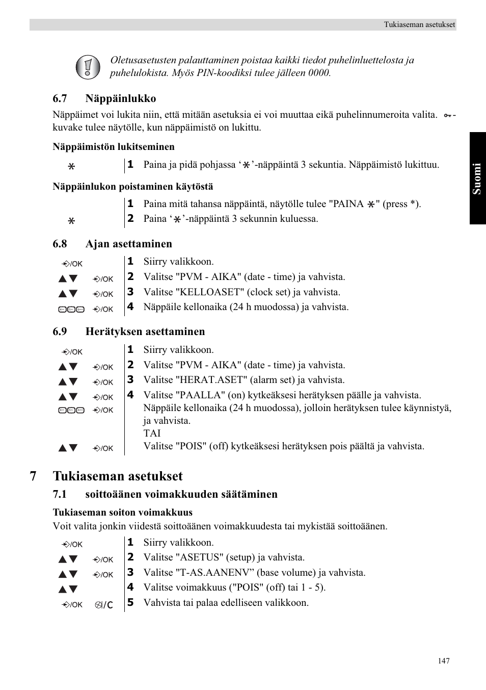 7tukiaseman asetukset, Su om i, 7 näppäinlukko | 8 ajan asettaminen 6.9 herätyksen asettaminen, 1 soittoäänen voimakkuuden säätäminen | Topcom Butler E400 User Manual | Page 169 / 272