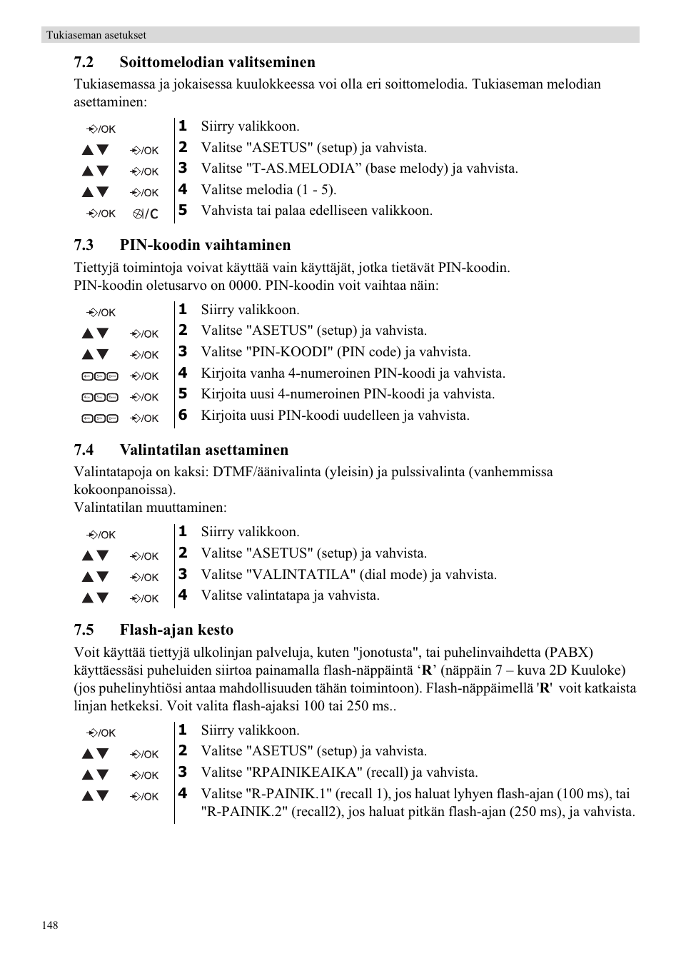 2 soittomelodian valitseminen, 3 pin-koodin vaihtaminen, 4 valintatilan asettaminen | 5 flash-ajan kesto | Topcom Butler E400 User Manual | Page 170 / 272