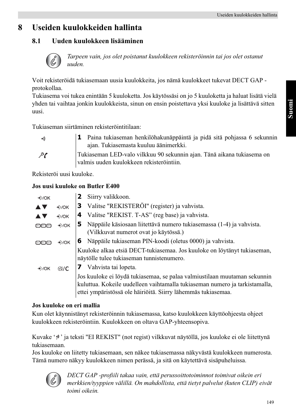 8useiden kuulokkeiden hallinta, Su om i, 1 uuden kuulokkeen lisääminen | Topcom Butler E400 User Manual | Page 171 / 272