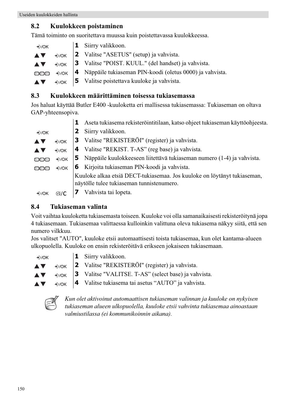 2 kuulokkeen poistaminen, 3 kuulokkeen määrittäminen toisessa tukiasemassa, 4 tukiaseman valinta | Topcom Butler E400 User Manual | Page 172 / 272