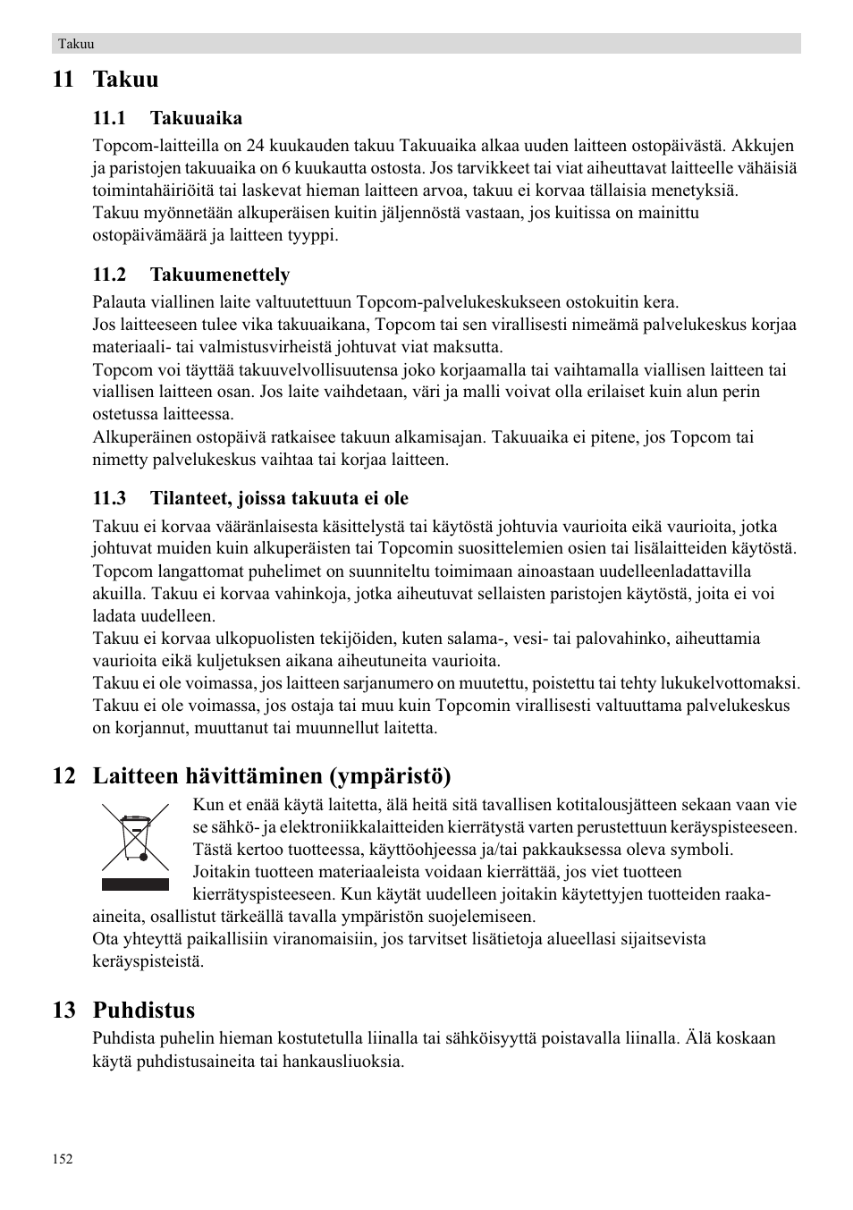 11 takuu, 12 laitteen hävittäminen (ympäristö), 13 puhdistus | Topcom Butler E400 User Manual | Page 174 / 272
